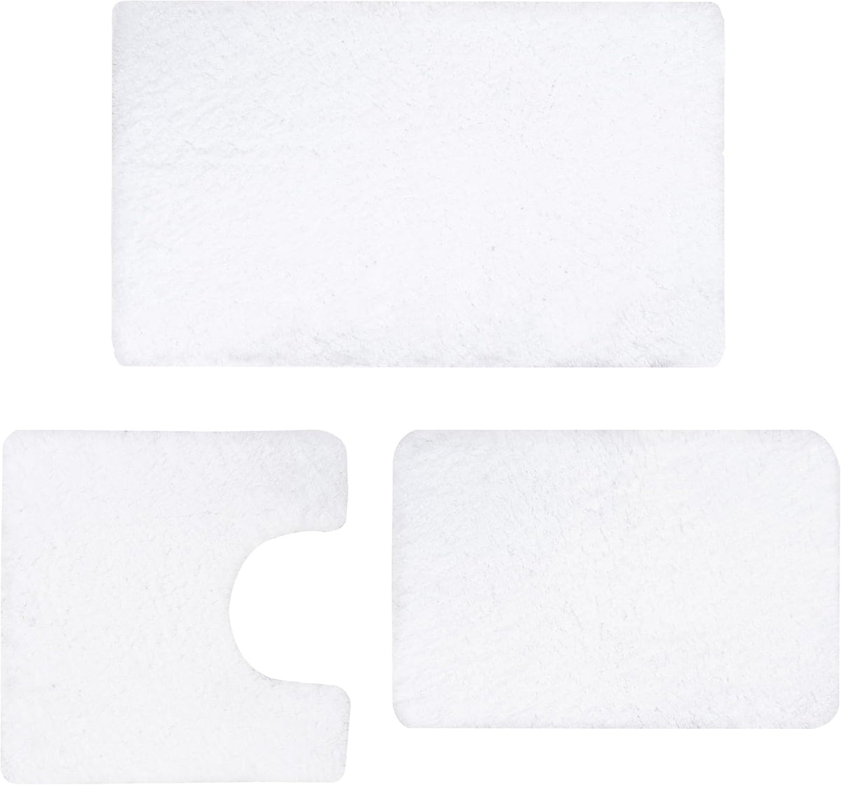 Three-piece bathroom rug set in white arranged flat on white background, showing U-shaped and two rectangular mats.