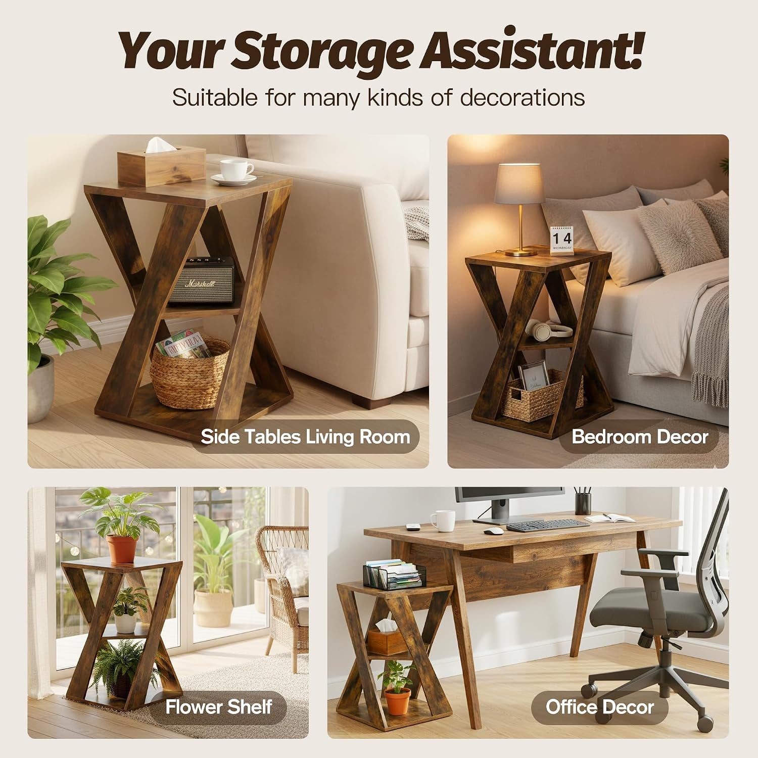 Collage of lifestyle scenes showing the wooden side table used as a side table, bedroom decor, and office accent