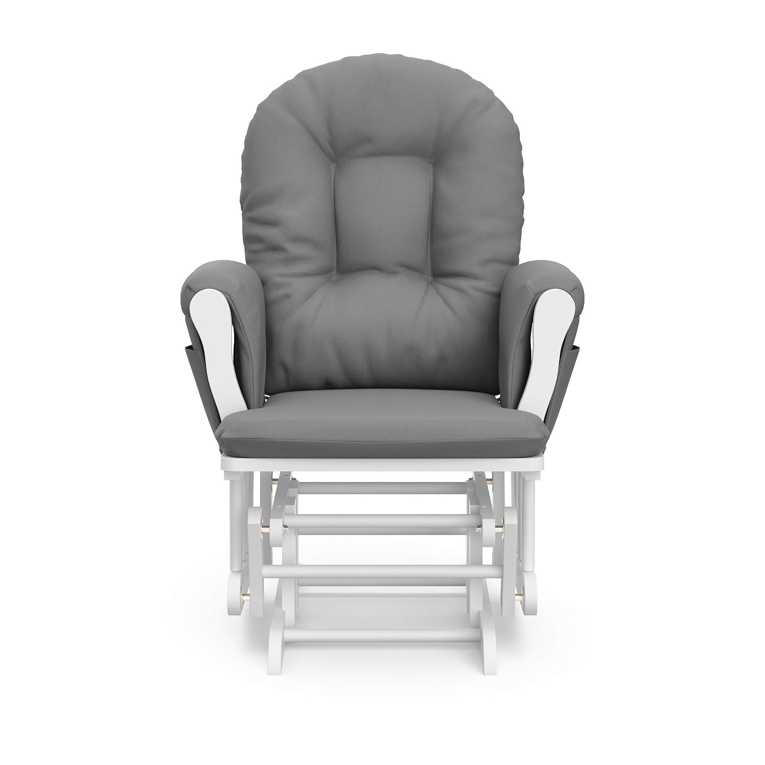 Front view of a white wooden glider chair with tufted gray cushions and arm pockets.