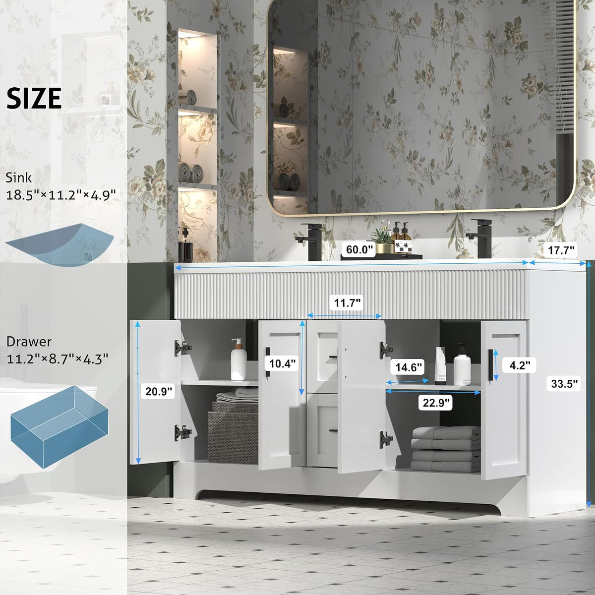 Diagram and interior view showing open cabinet layout, shelf placement and storage measurements overlaid on the vanity