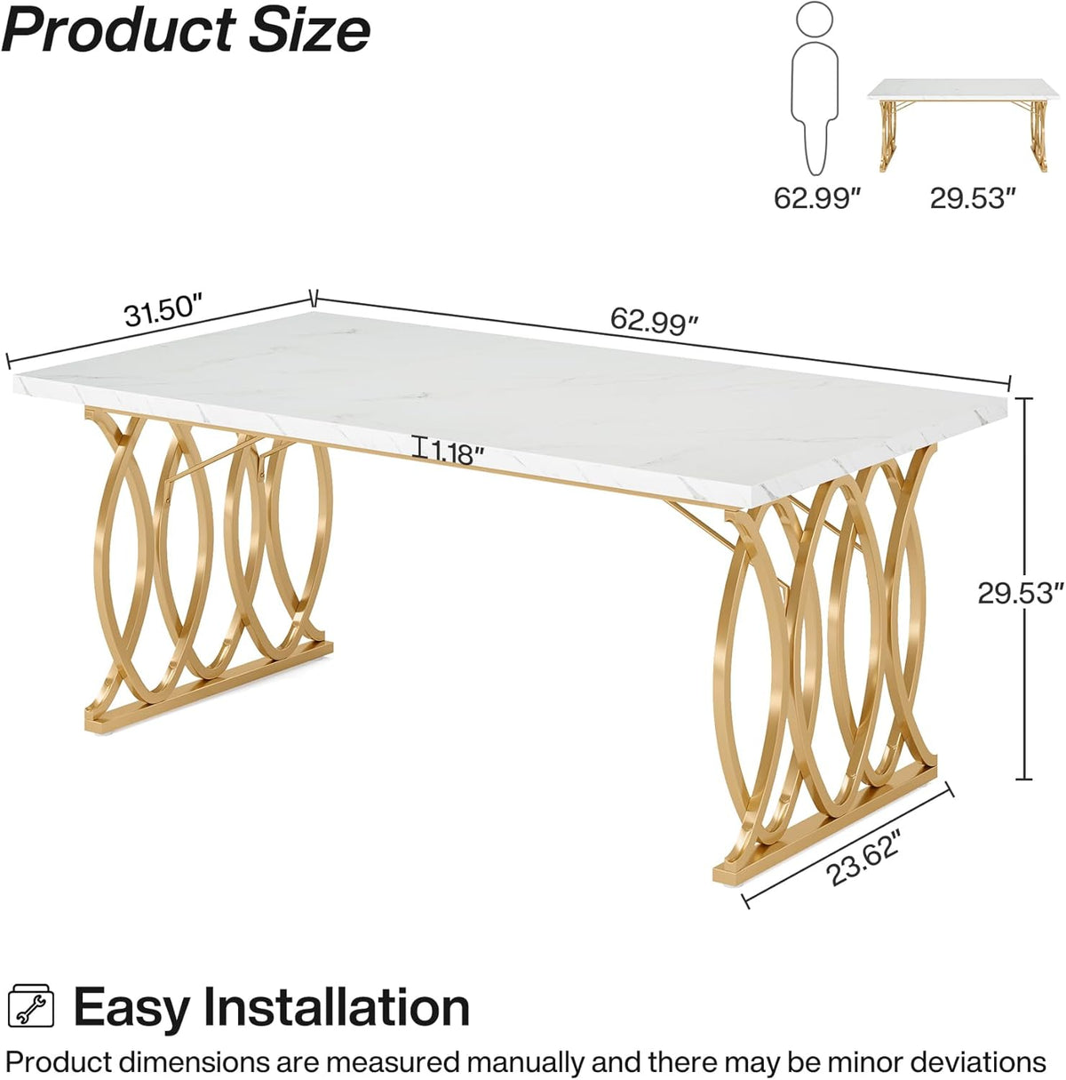 Dimension diagram of the dining table showing 63" x 31.49" x 29.53" with white top and gold-bronze legs