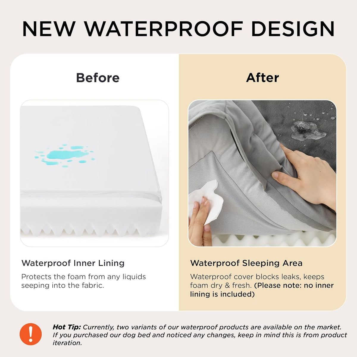 Split image showing waterproof inner lining demonstration and hands wiping the bed's sleeping area