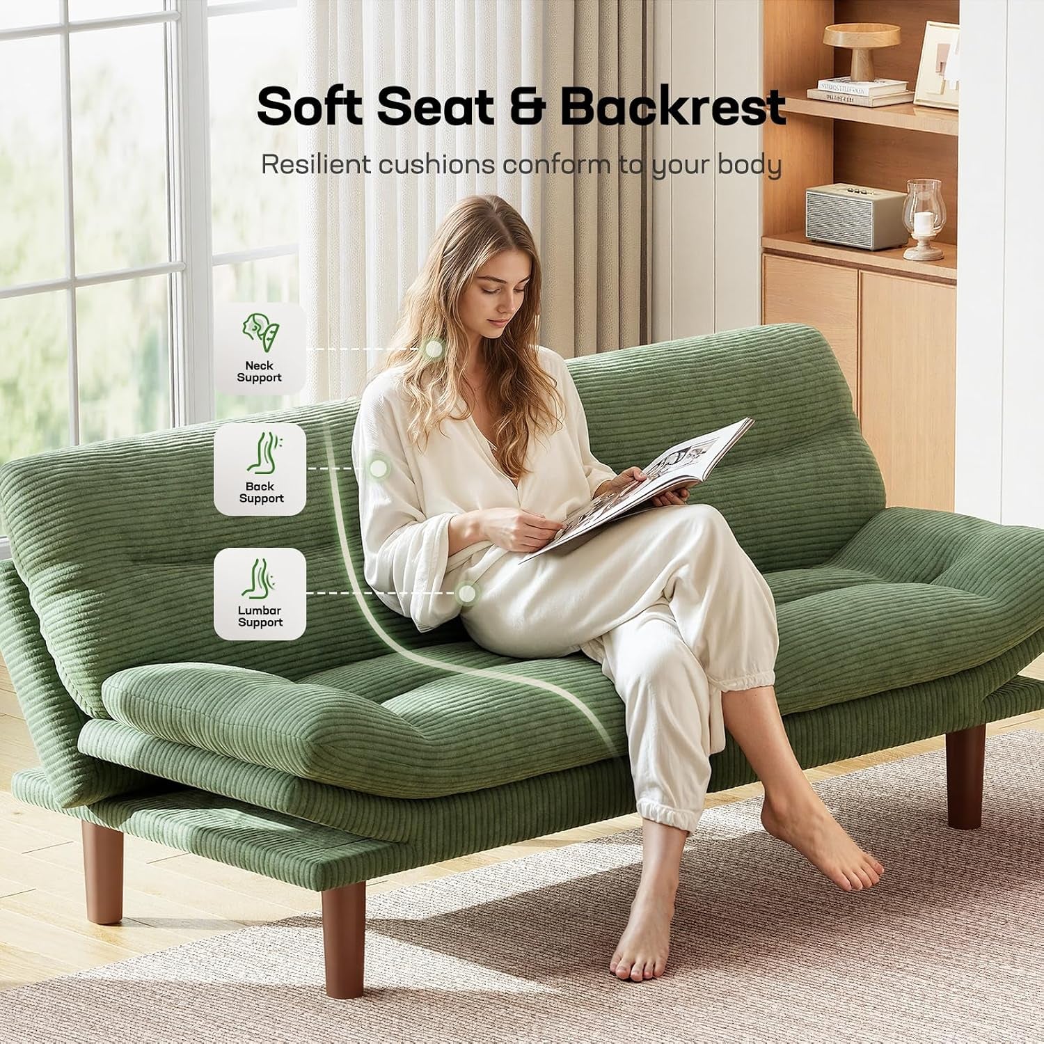 Person lounging on green corduroy futon highlighting soft seat and backrest support