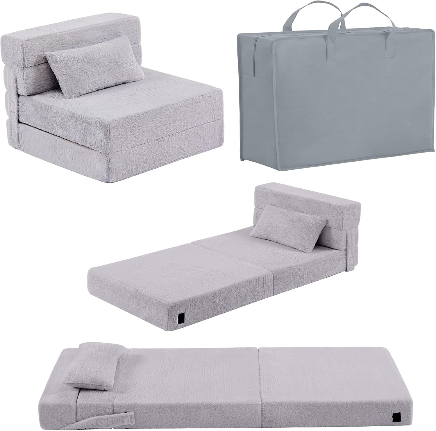 Light gray folding foam kids sofa shown in seat, open bed, flat mat views with gray storage bag.