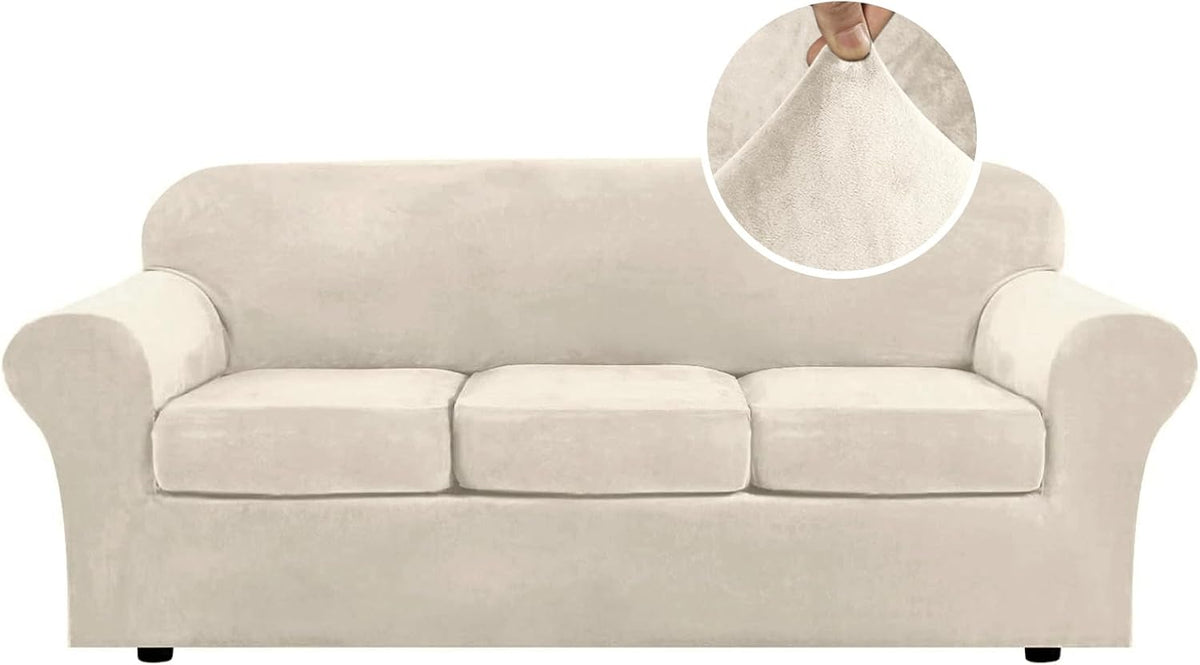 Front-facing three-cushion sofa covered in a light beige stretch velvet slipcover with a small fabric close-up inset