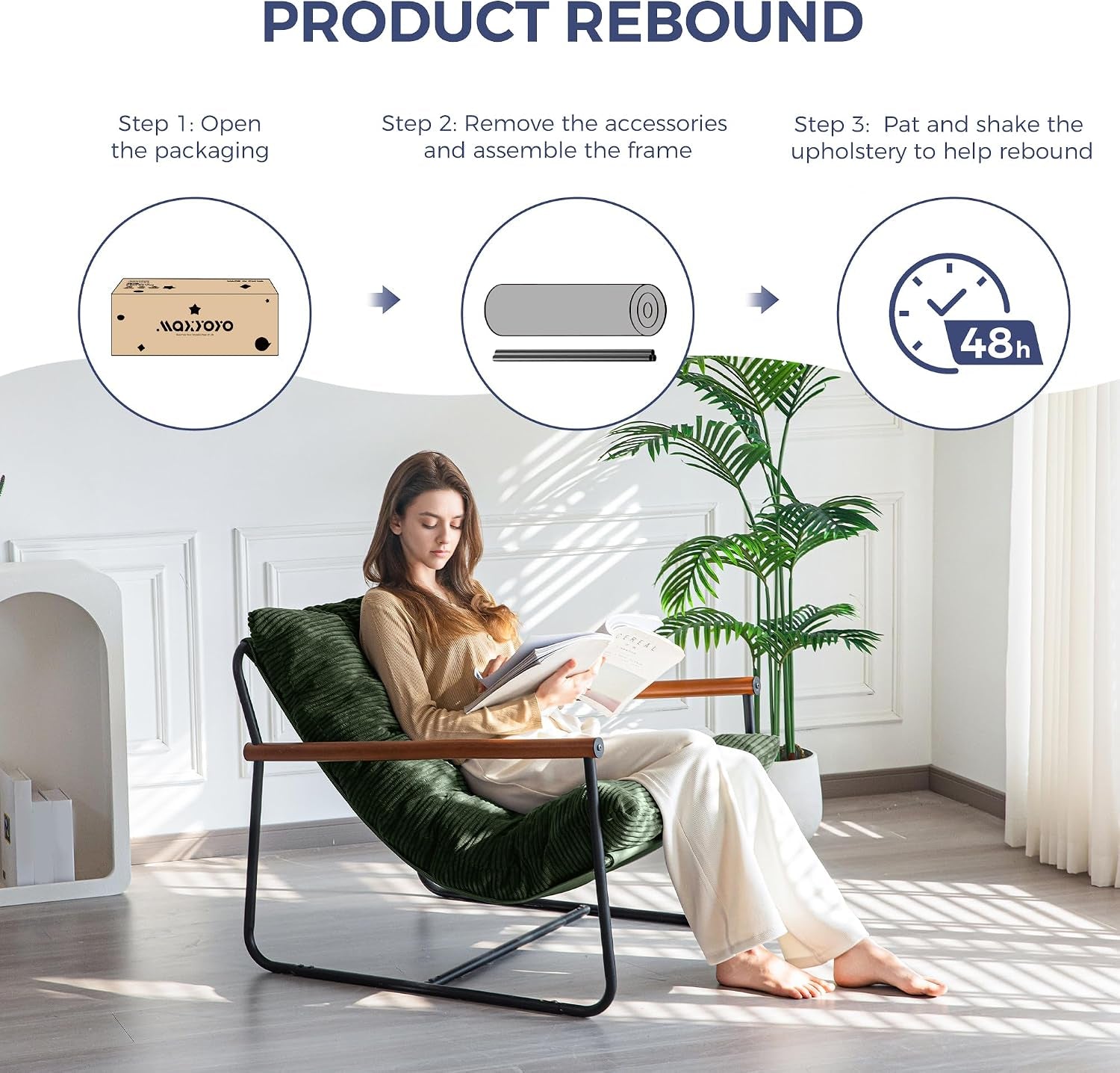 Styled scene showing assembly/rebound instructions graphic and a person seated on the chair