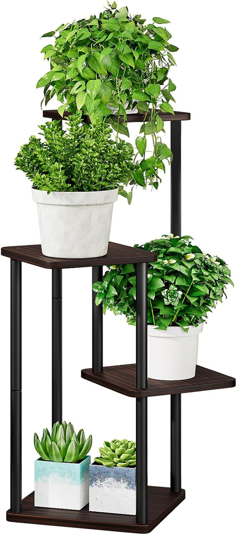Cropped right-side view focusing on two mid tiers with a trailing pothos and small succulents below
