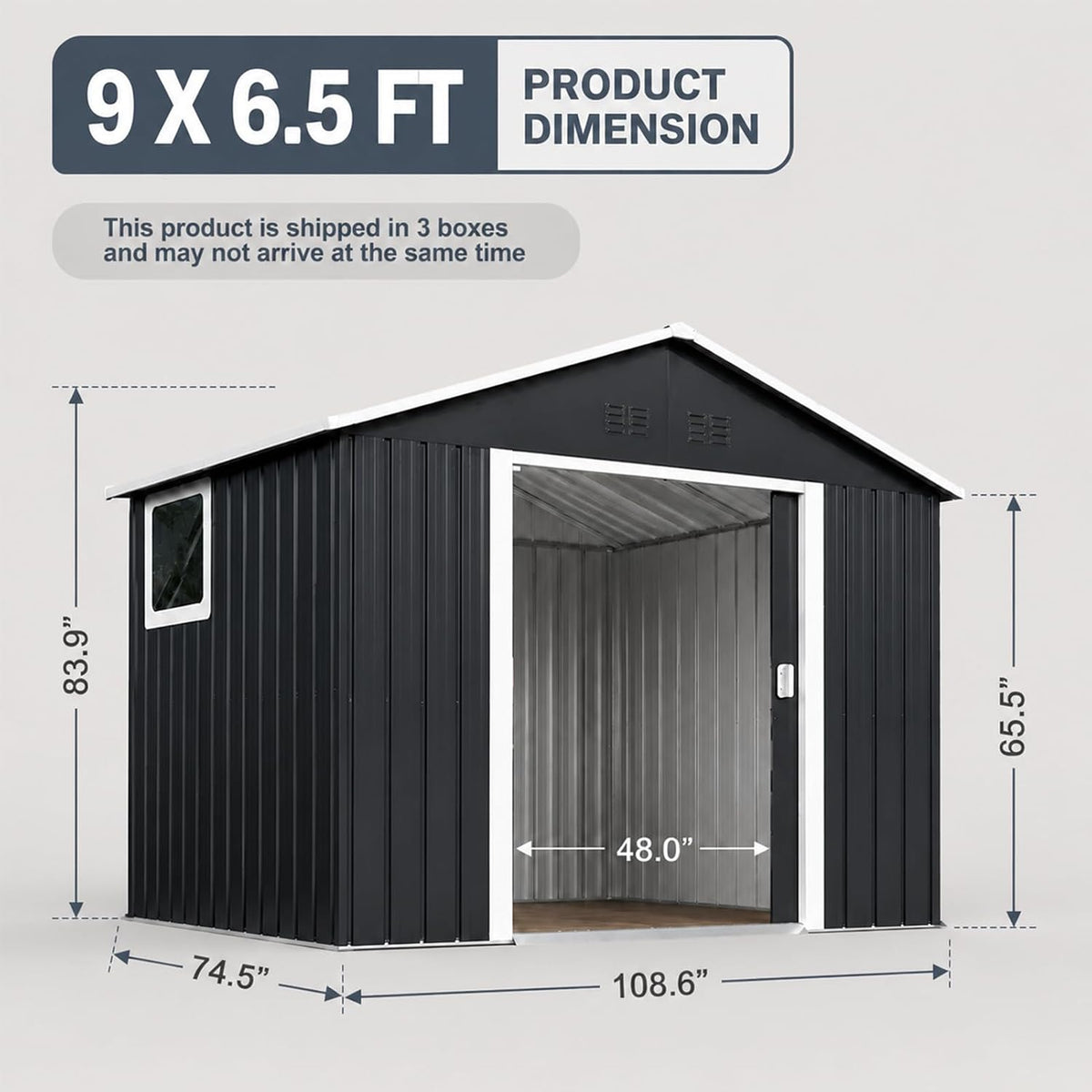 Studio diagram of the shed with arrows indicating width, depth, and height dimensions