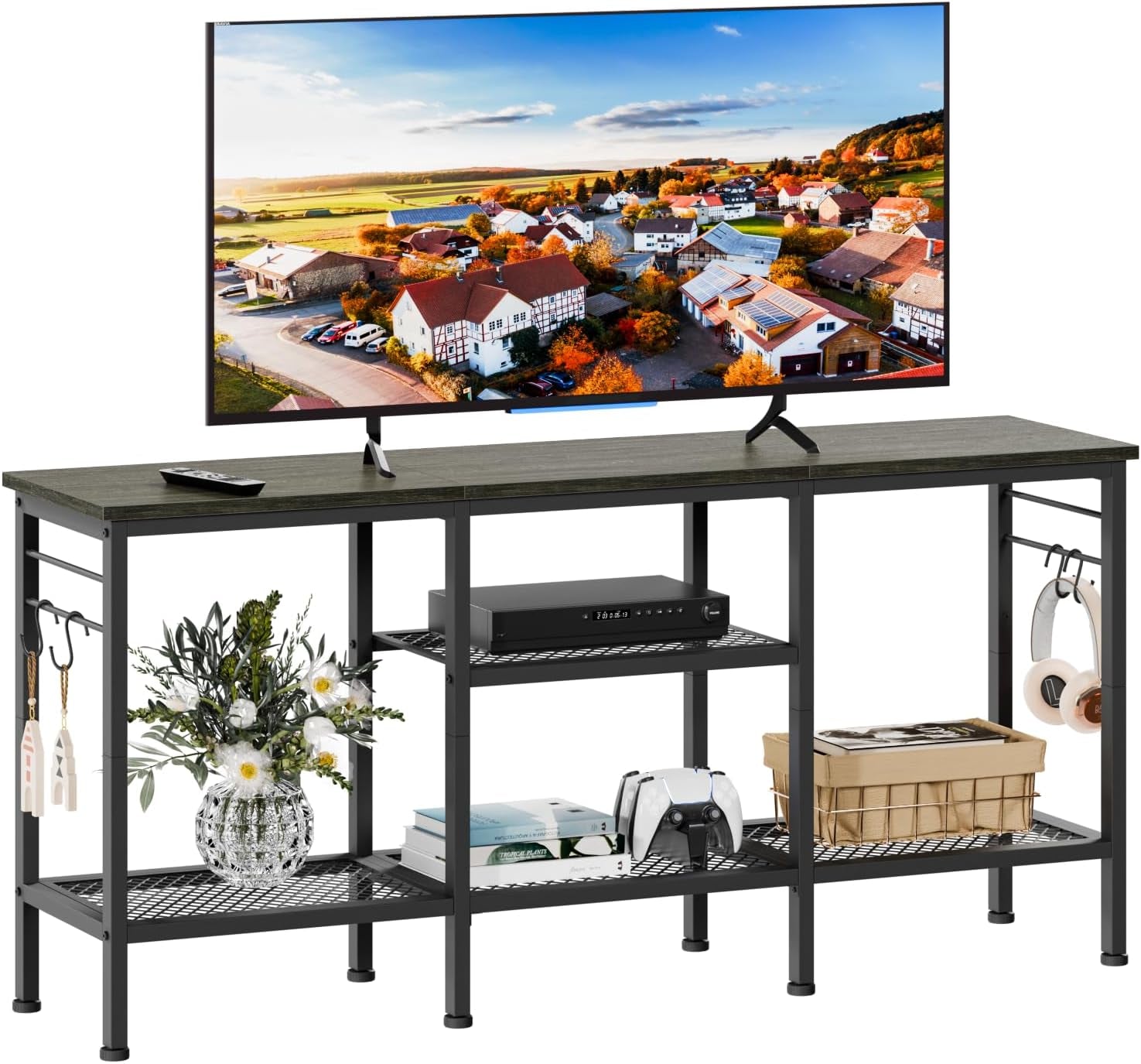 Same open metal TV console with darker gray wood top, TV on top and decor on shelves