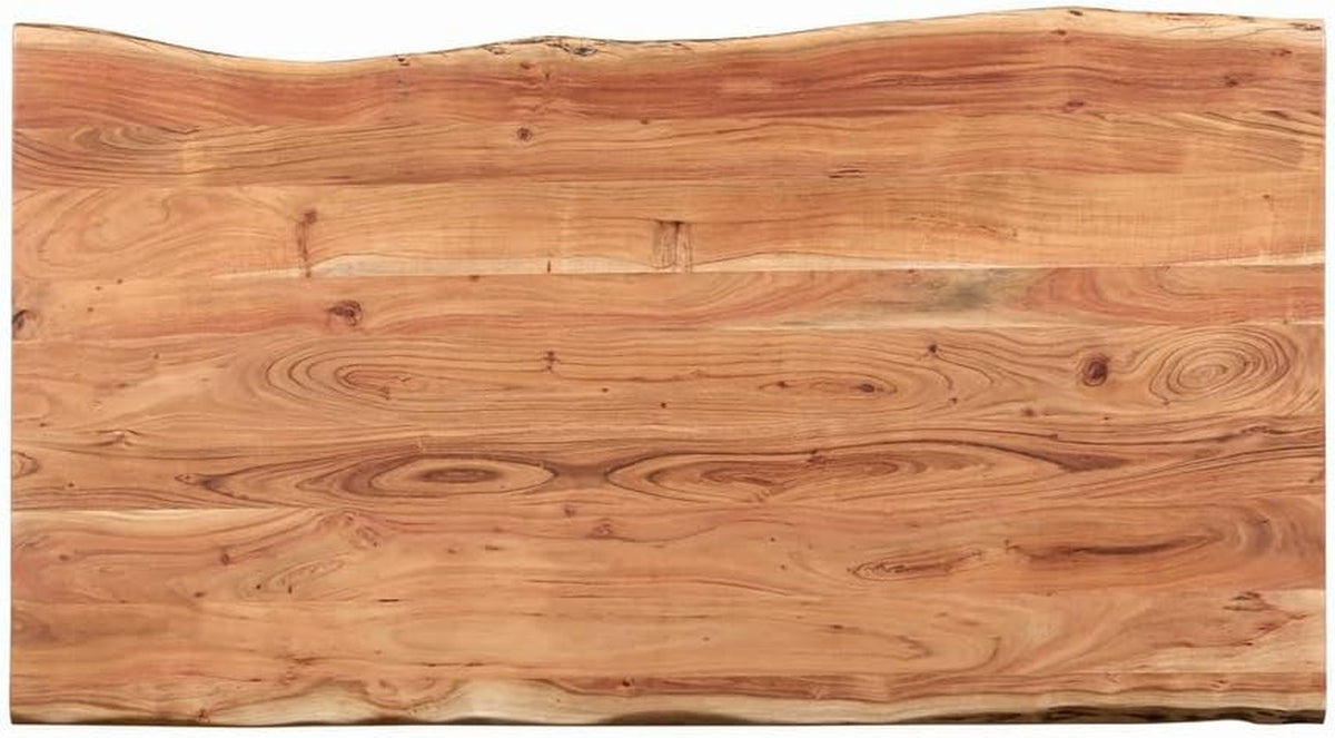 Top-down view of acacia tabletop highlighting natural grain patterns and live-edge contours