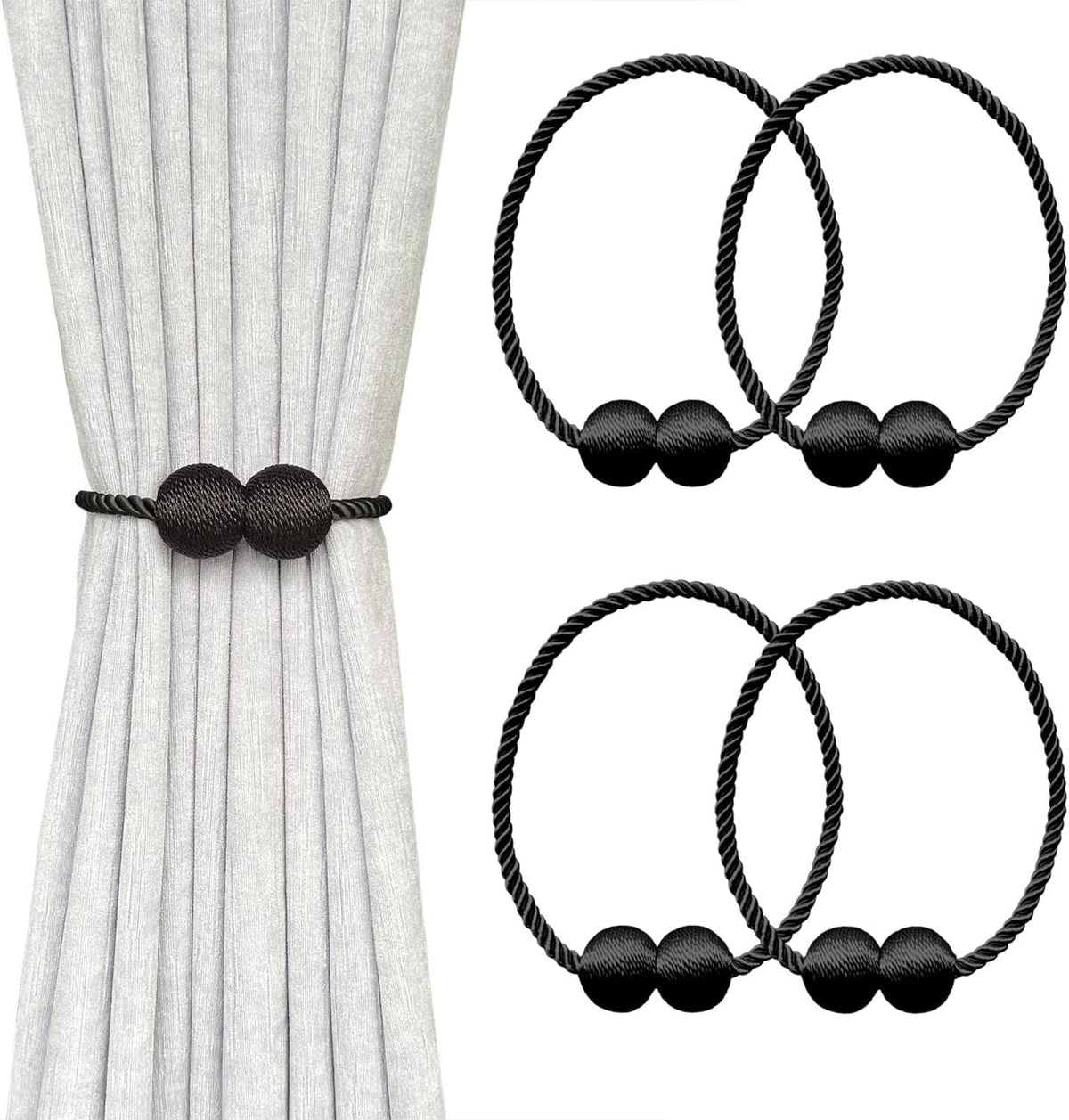 Close-up of black braided magnetic curtain tiebacks with two spherical beads shown around a pleated gray curtain and as