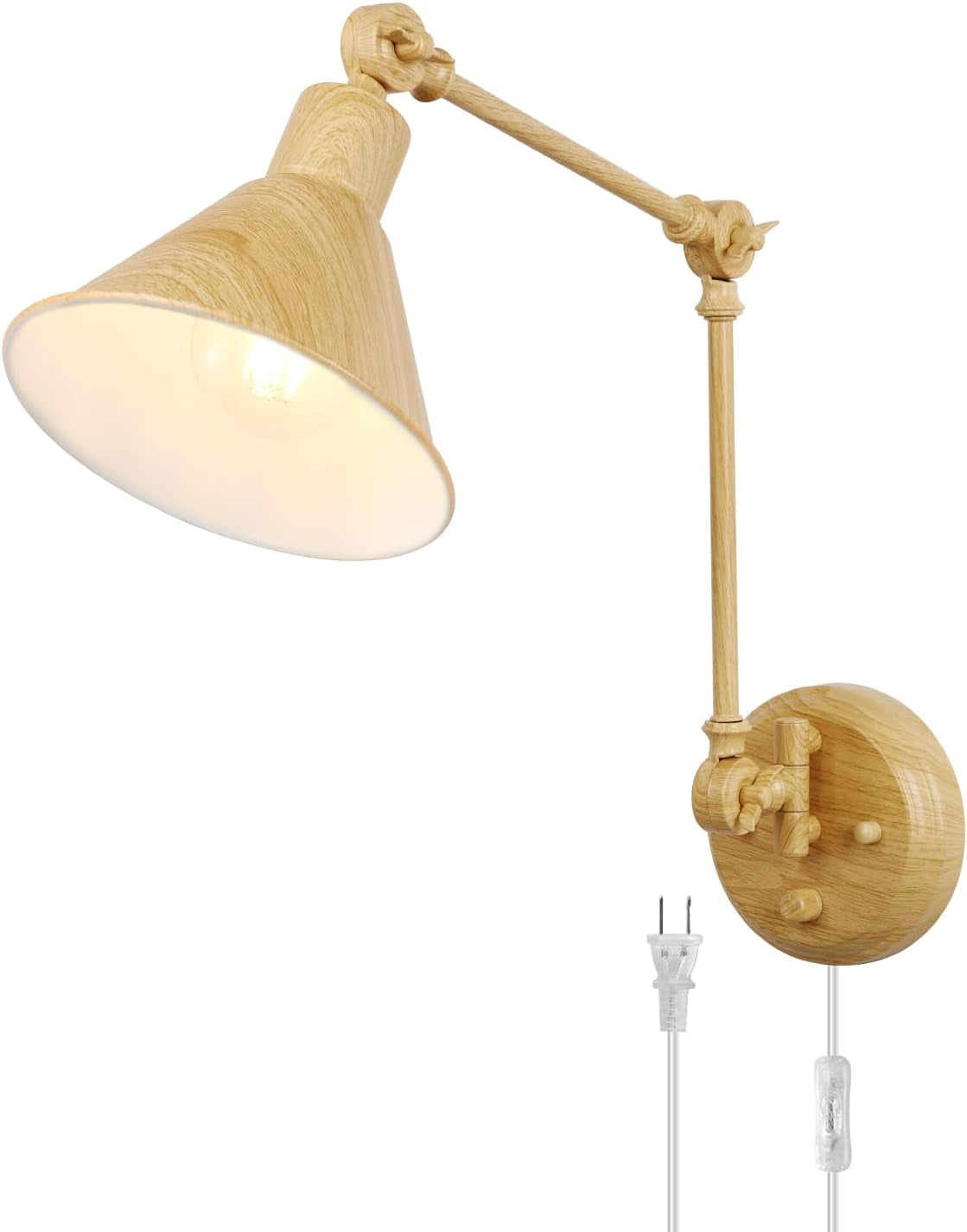 Single wood‑grain swing‑arm wall sconce with conical shade and visible plug and inline switch