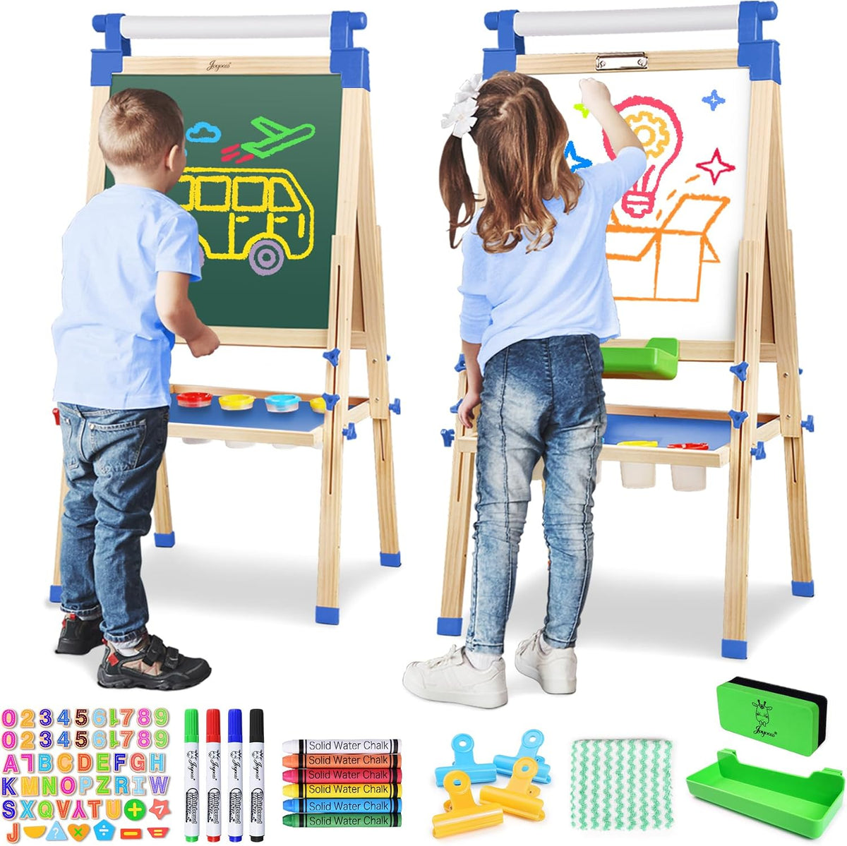 Two children drawing on double-sided easels with blue plastic accents and accessory pieces below.