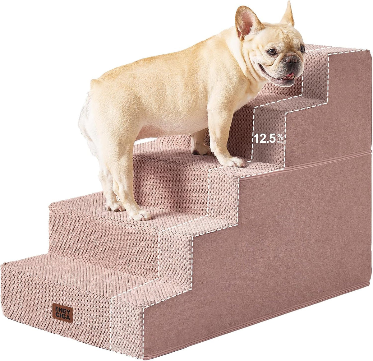 Cropped view of a fawn French bulldog standing on the middle of a mauve textured four-step foam stair with a woven fabric