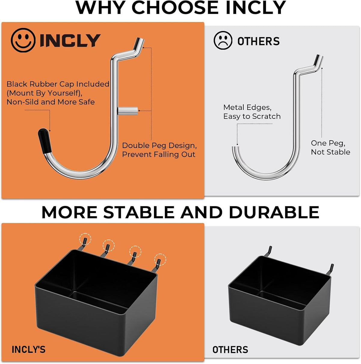 Graphic comparing a double-peg hook with rubber cap (left) to a single-peg hook (right) and showing black storage bin details