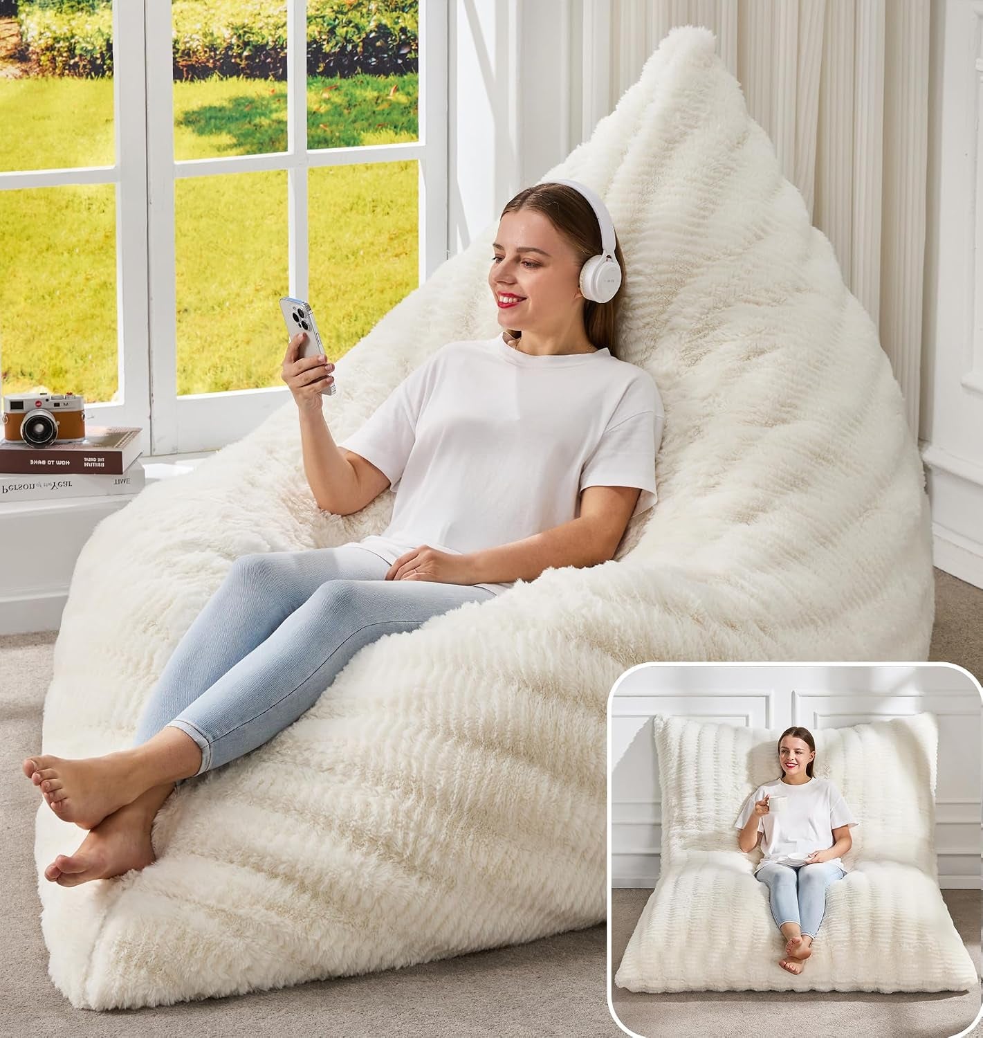 Woman relaxing on a large cream-white plush bag chair by a window, inset shows flat sofa configuration.