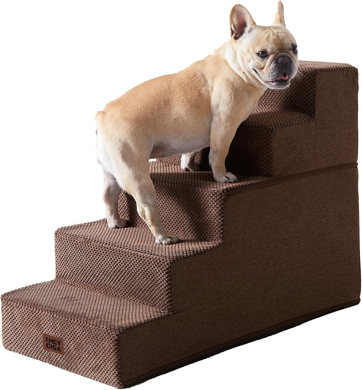 Three-quarter side view of chocolate-brown four-step stairs with a small dog looking back over its shoulder.