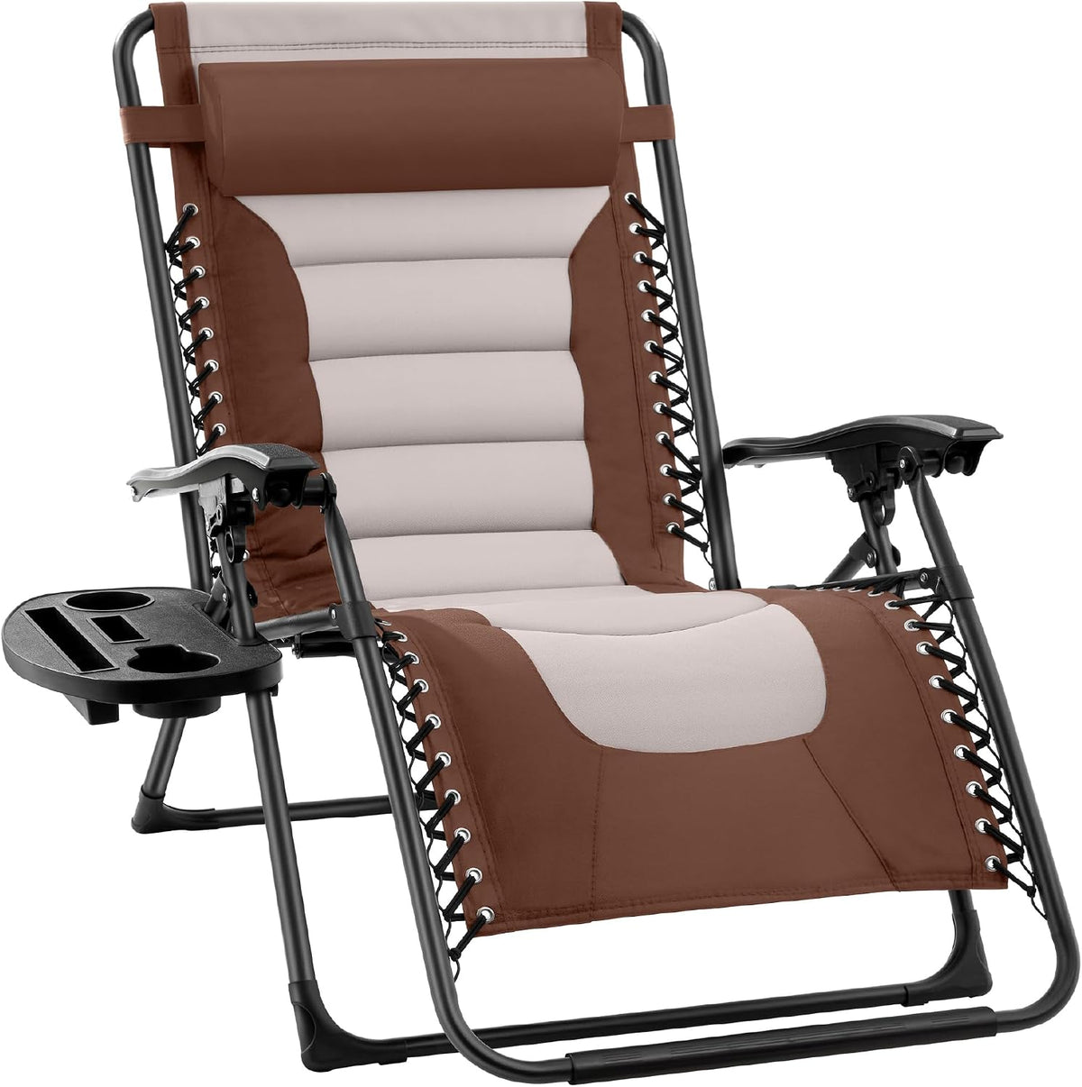 Close angled view of a brown-and-cream padded recliner highlighting the seat padding and cup-tray area