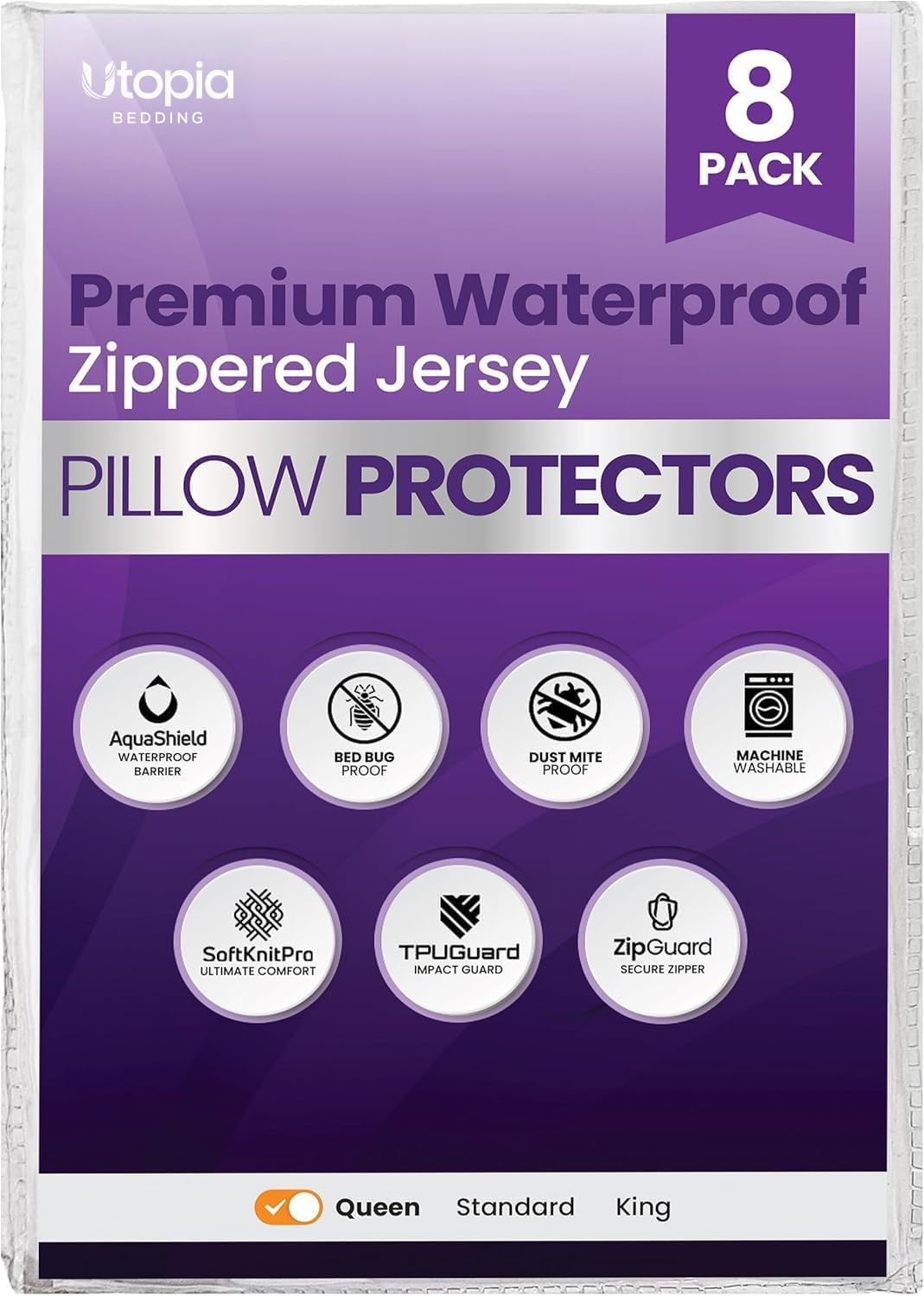 Purple product packaging front displaying features icons and a checked indicator showing the Queen size.