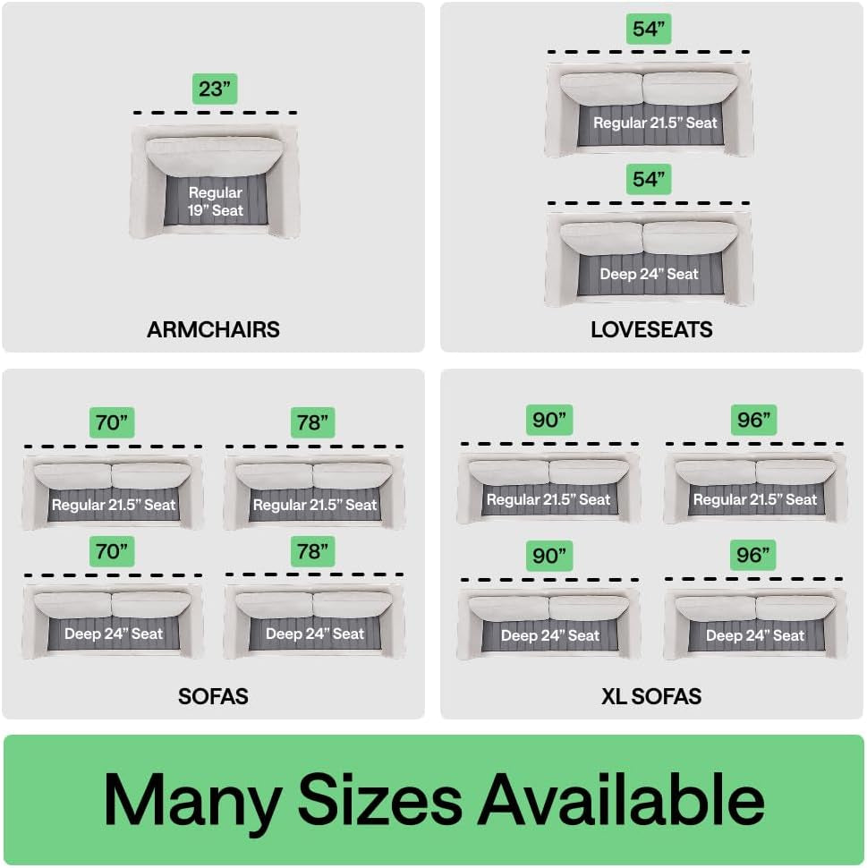 Graphic diagram showing available sizes for armchairs, loveseats, sofas and XL sofas with seat depth labels