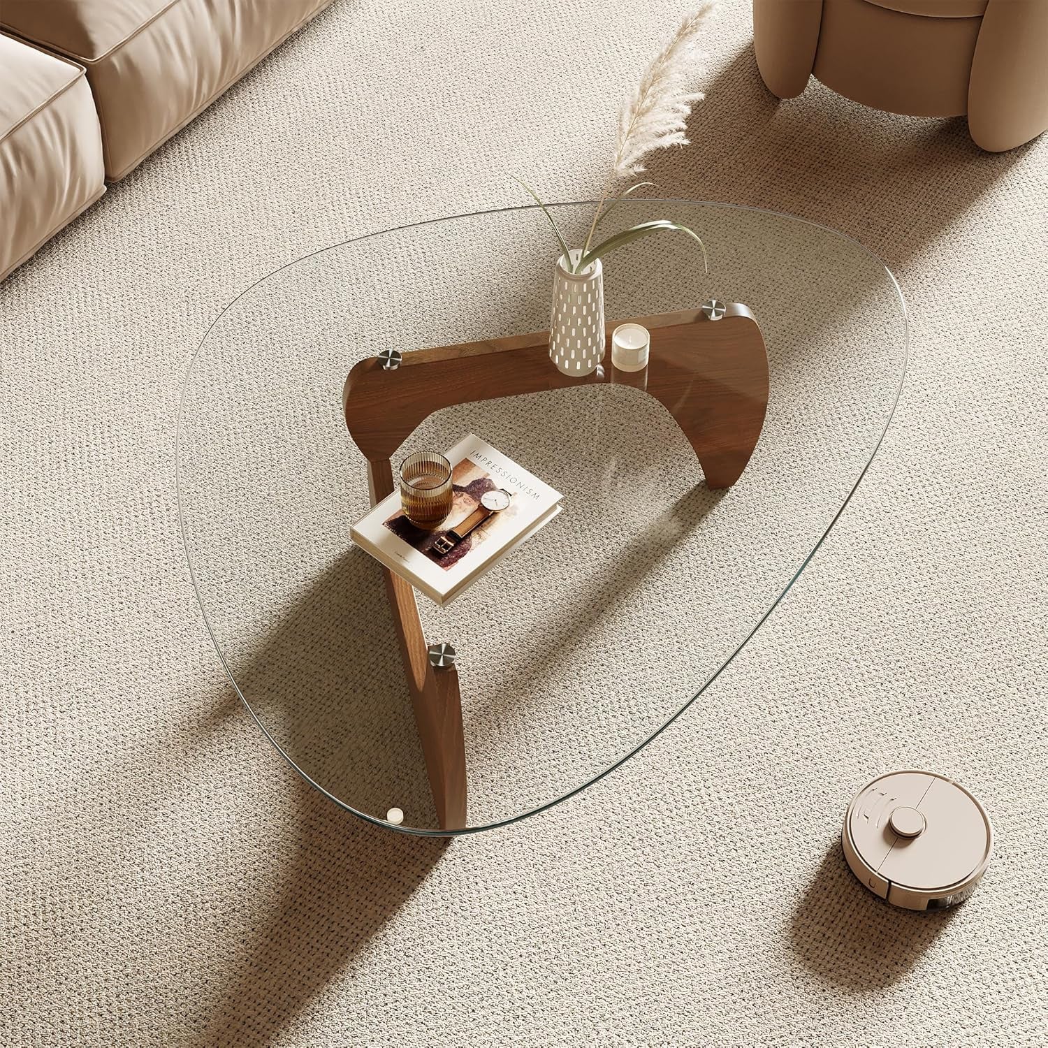 Overhead angled view of triangle glass top and wood base showing tabletop accessories