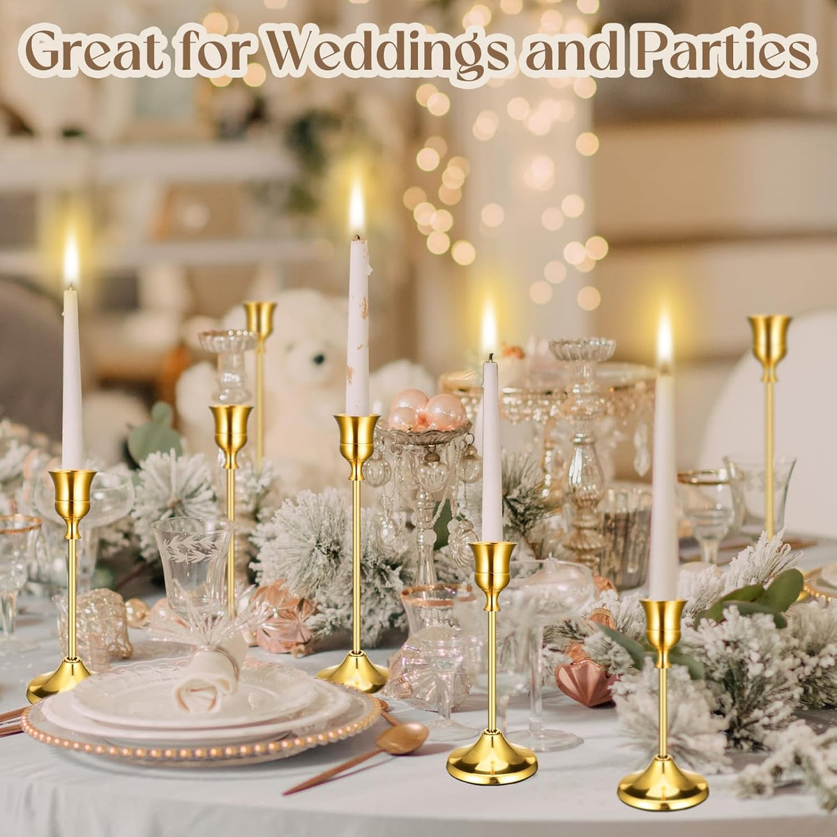 Gold taper candle holders shown on a decorated dining table with lit taper candles