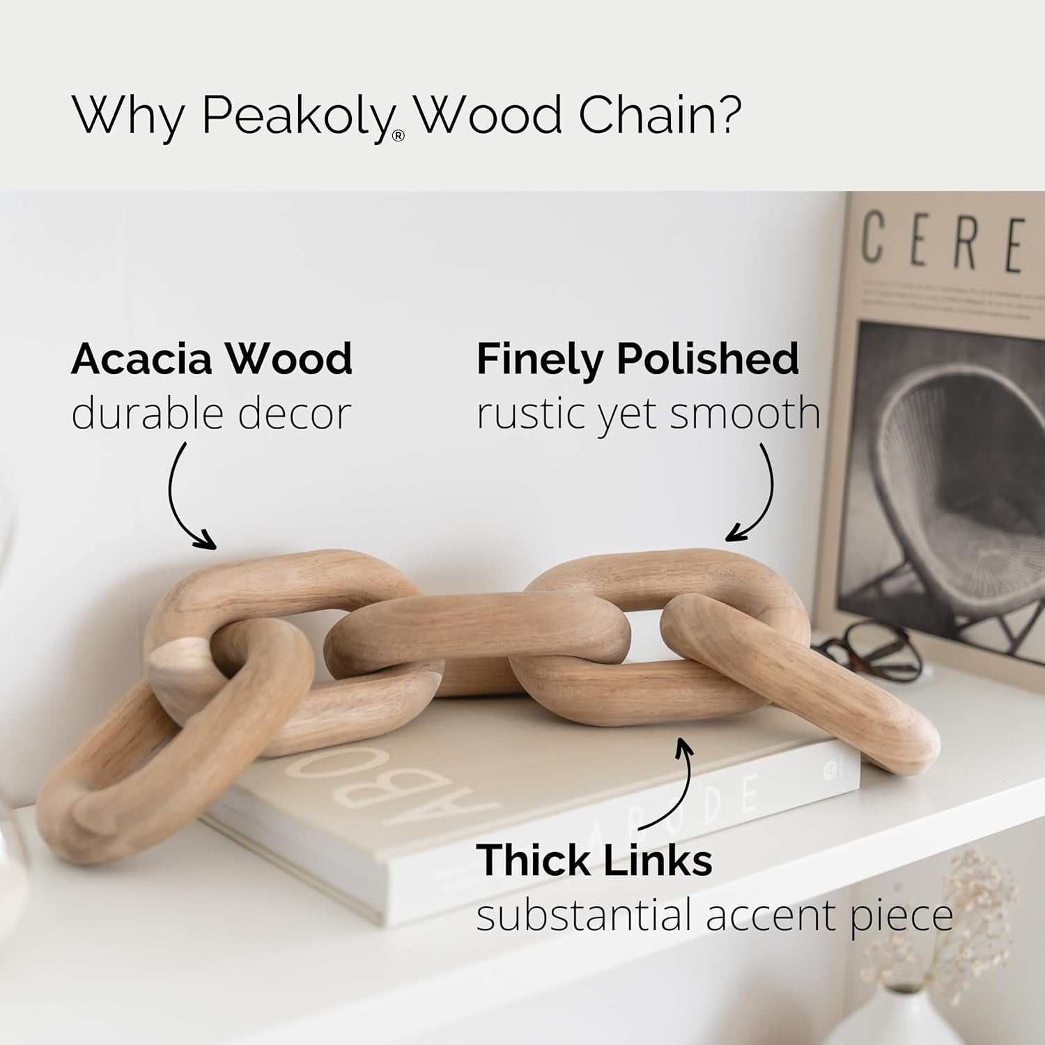 Wood link chain on a white shelf with annotations highlighting finish, polish, and thick links.