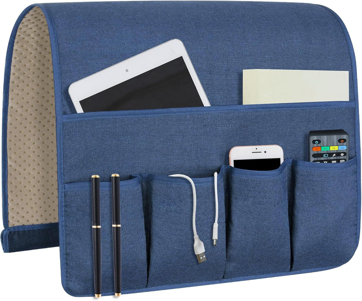 Blue linen organizer shown front-on with tablet in top pocket and phone, pens and charger tucked into front pockets.