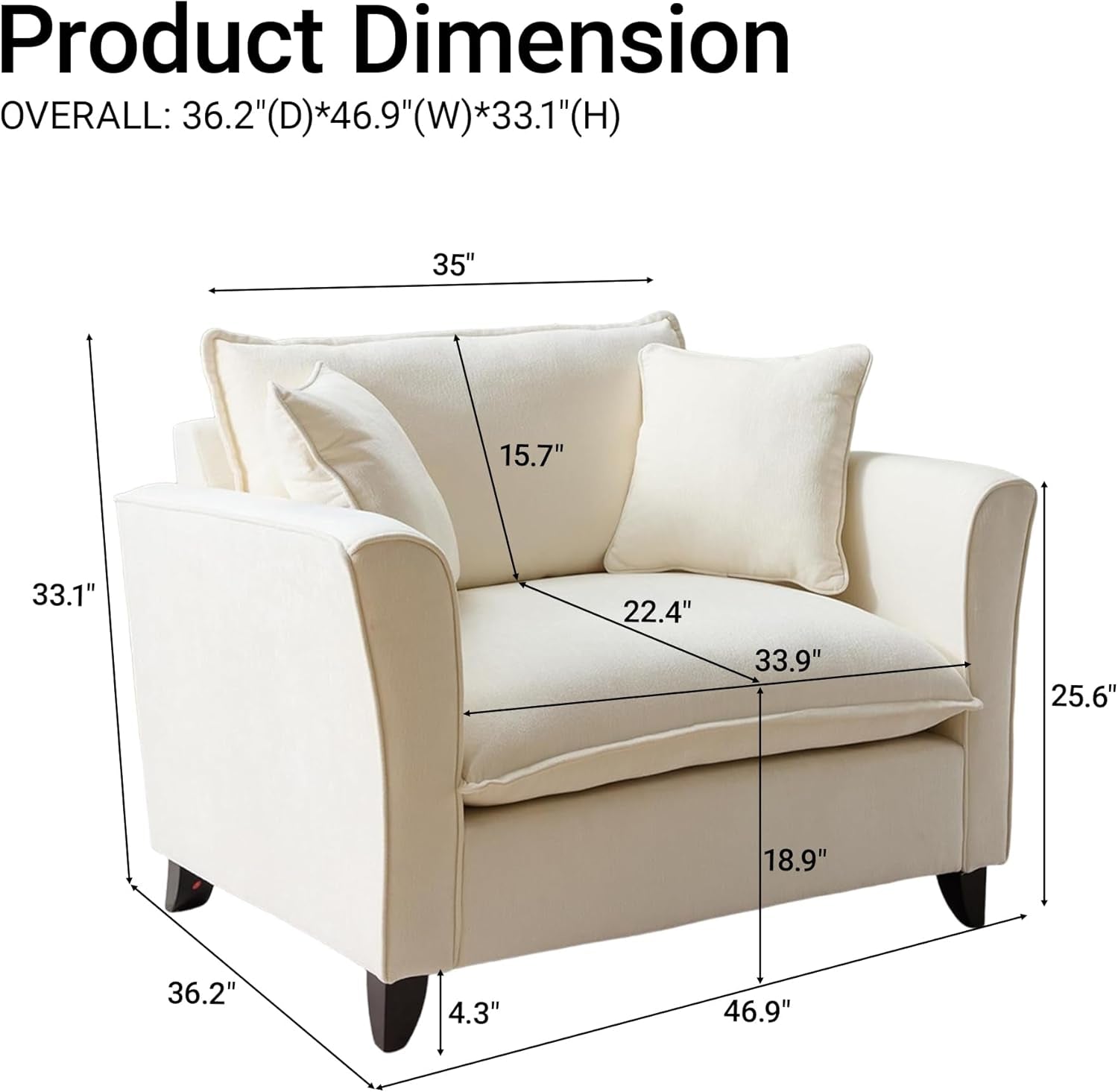 Cream accent chair with dimension overlays showing overall and seat measurements from a three-quarter angle