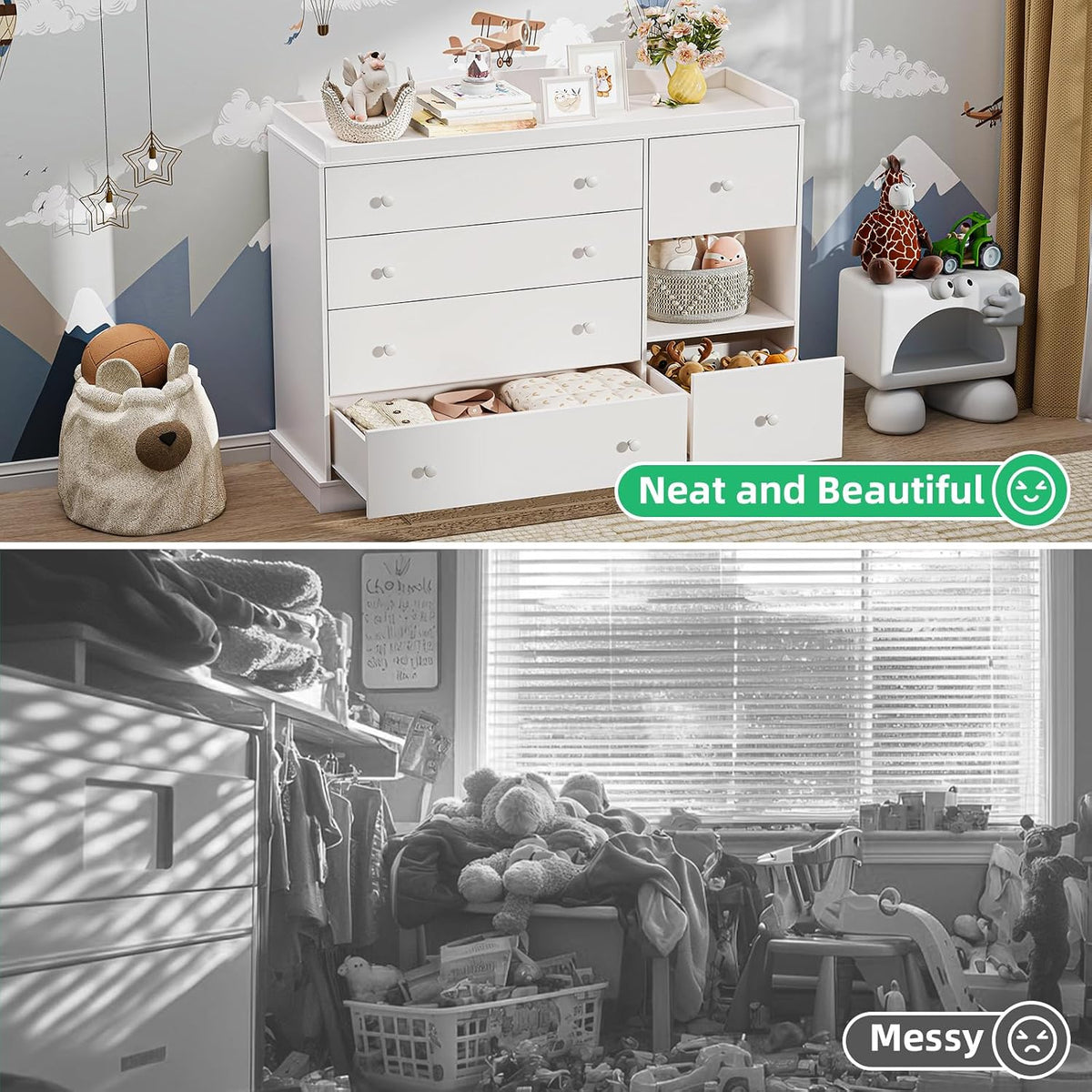 White six-drawer dresser styled in a child's room with toys, baskets and two lower drawers open.
