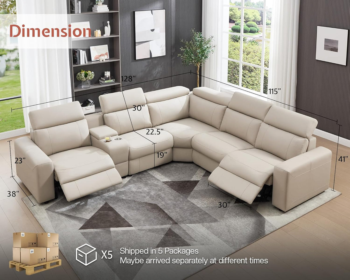 Beige 5-seat sectional with overlaid dimensions showing 128" overall width, 115" depth and measurement callouts