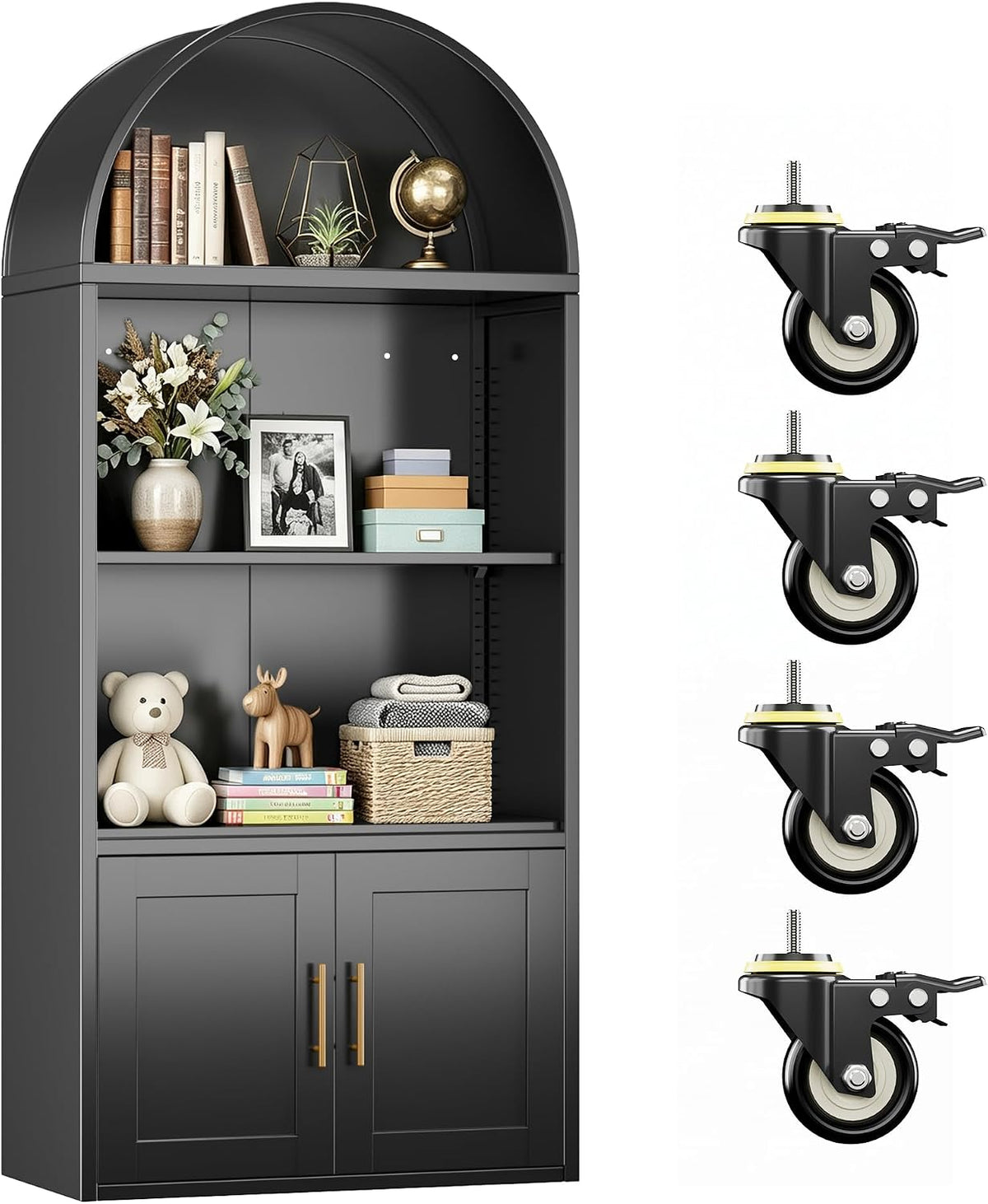 Tall black arched metal bookshelf showing open shelves, double-door cabinet and caster hardware at right