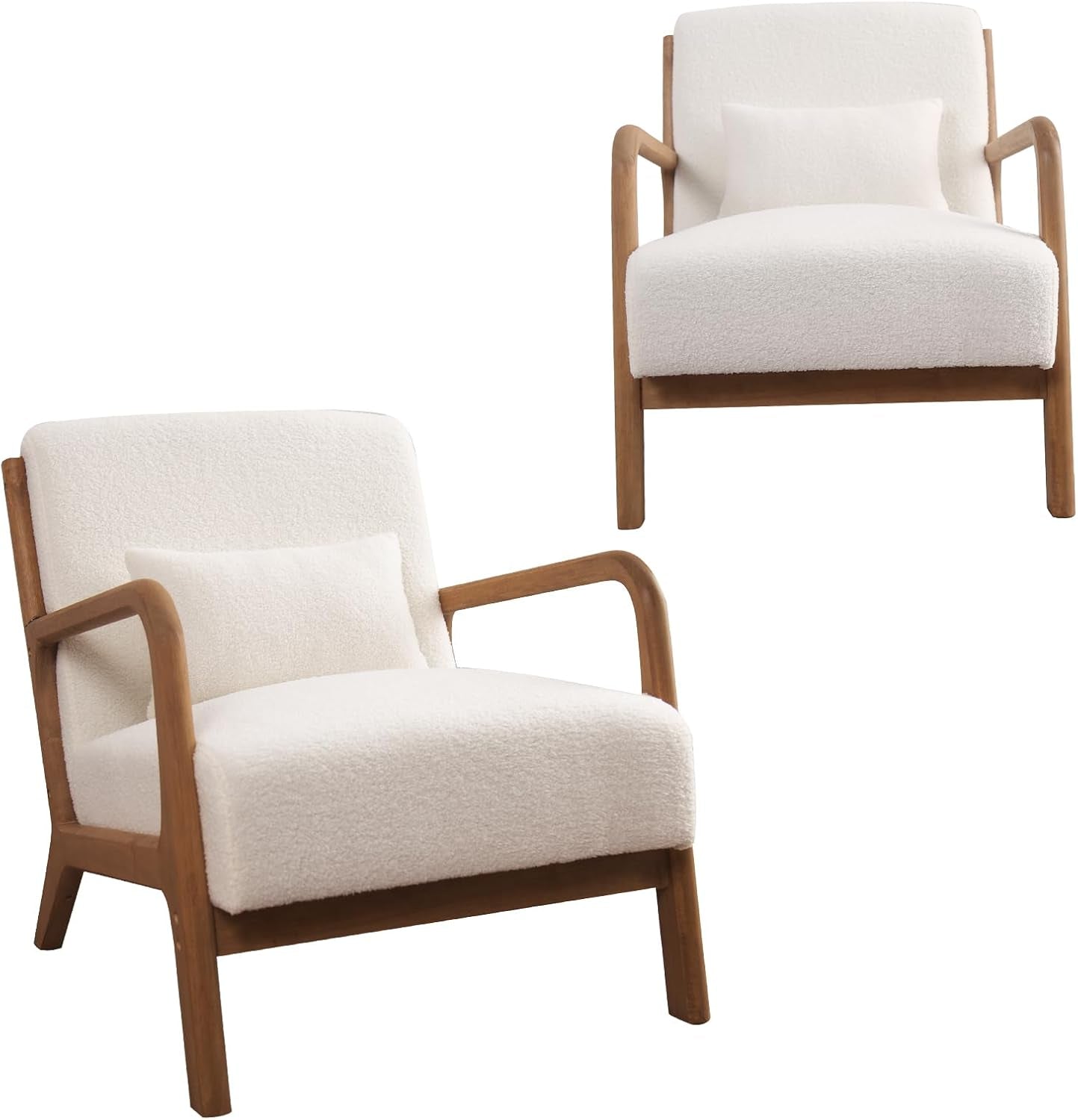 Two studio views of the white bouclé chair: front and three-quarter angles with wood frame