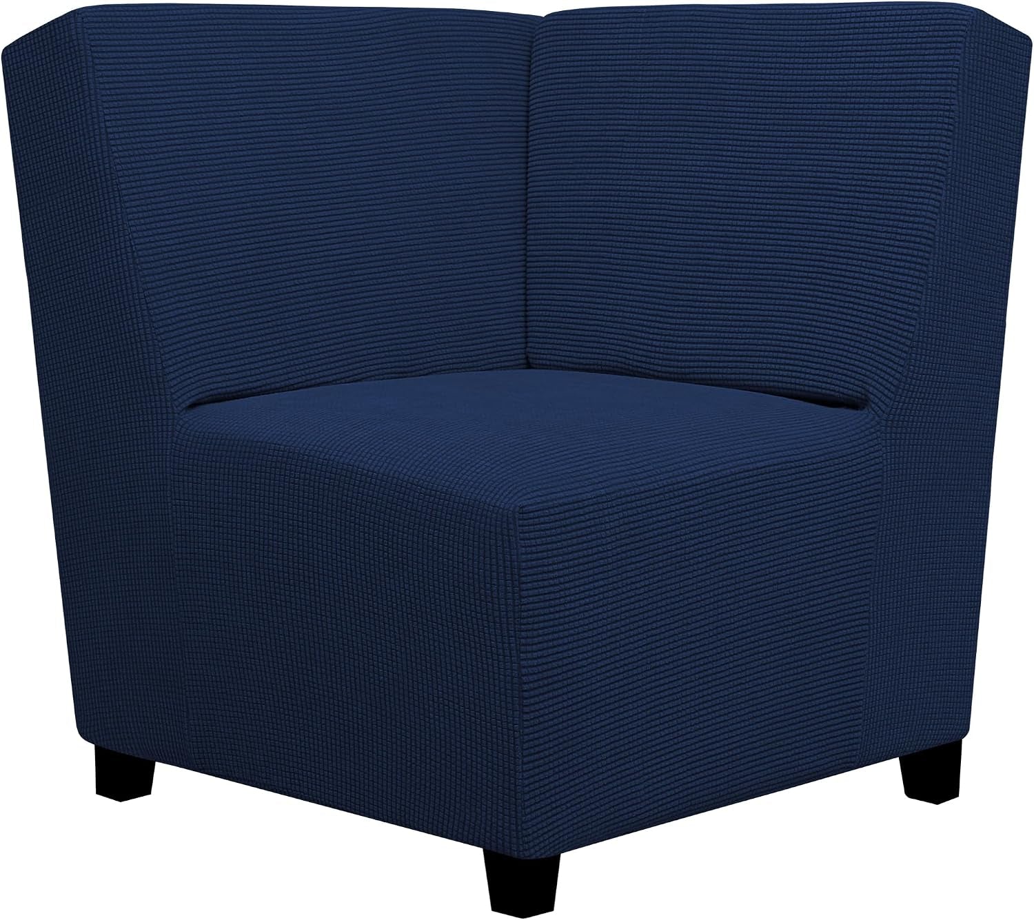 Three-quarter view of a navy corner chair fitted with a ribbed-texture stretch cover, shown on short black legs