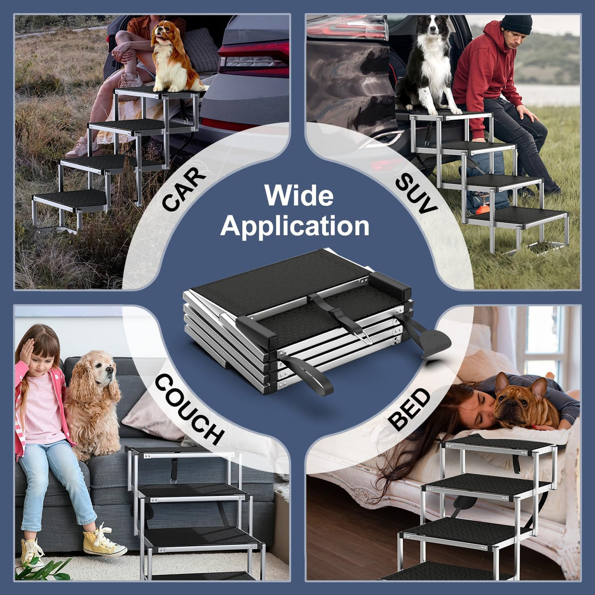 Four-panel collage showing the foldable aluminum stairs in car, SUV, couch and bed settings around a central folded unit.