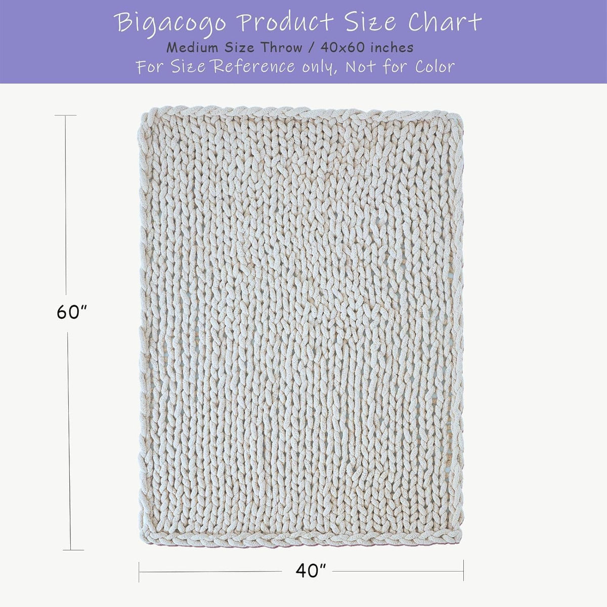 Flat lay of the beige chunky knit throw shown with vertical and horizontal measurement markers