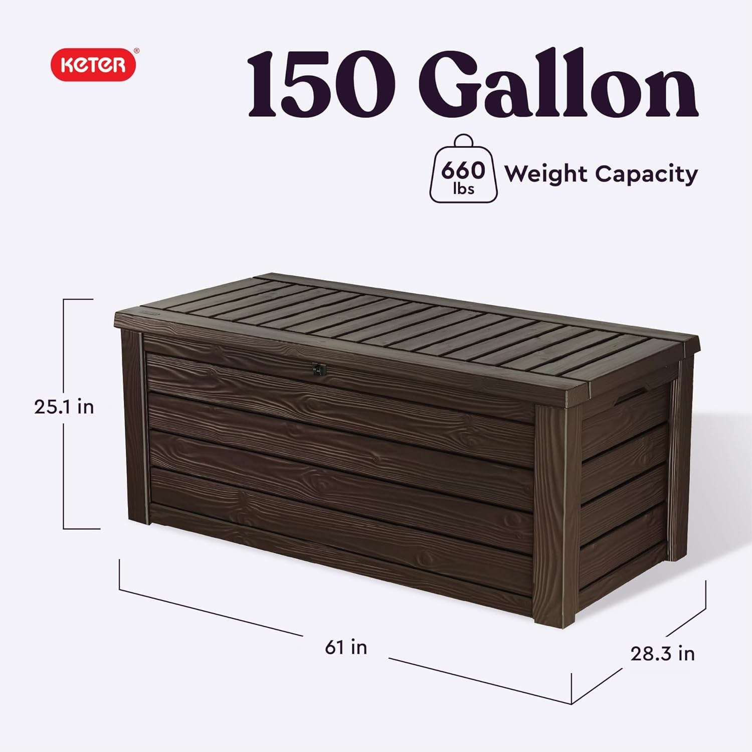 Brown wood-textured resin deck box on white background with dimensions labeled 61 x 28.3 x 25.1 inches