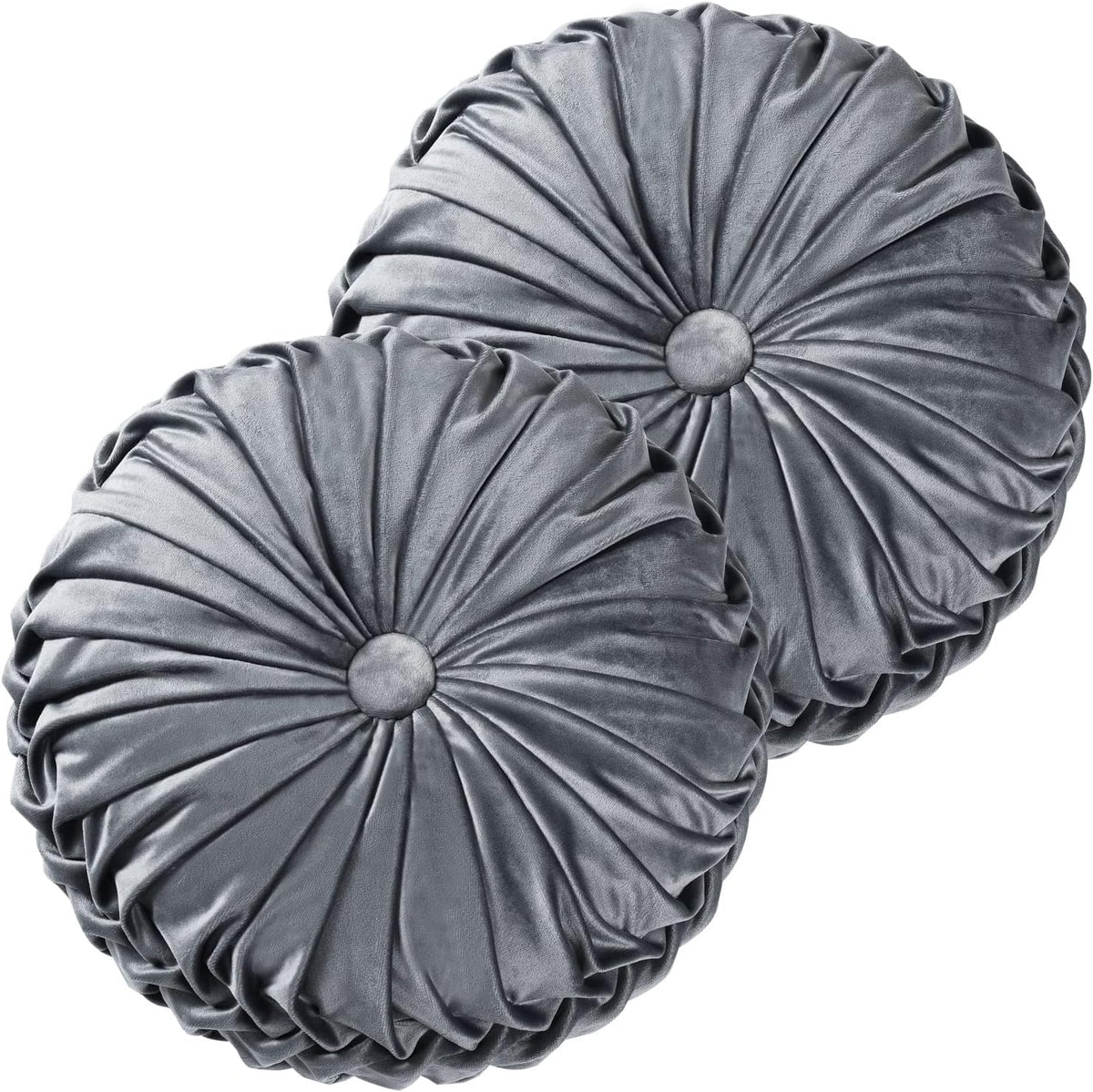 Pair of round ruched pillows in cool gray shown overlapping on white background