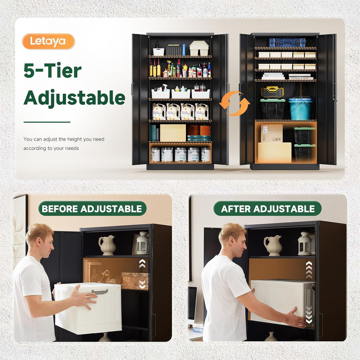 Black storage cabinet open against a light wall with callouts showing two keys, adjustable feet, metal handles and magnetic d