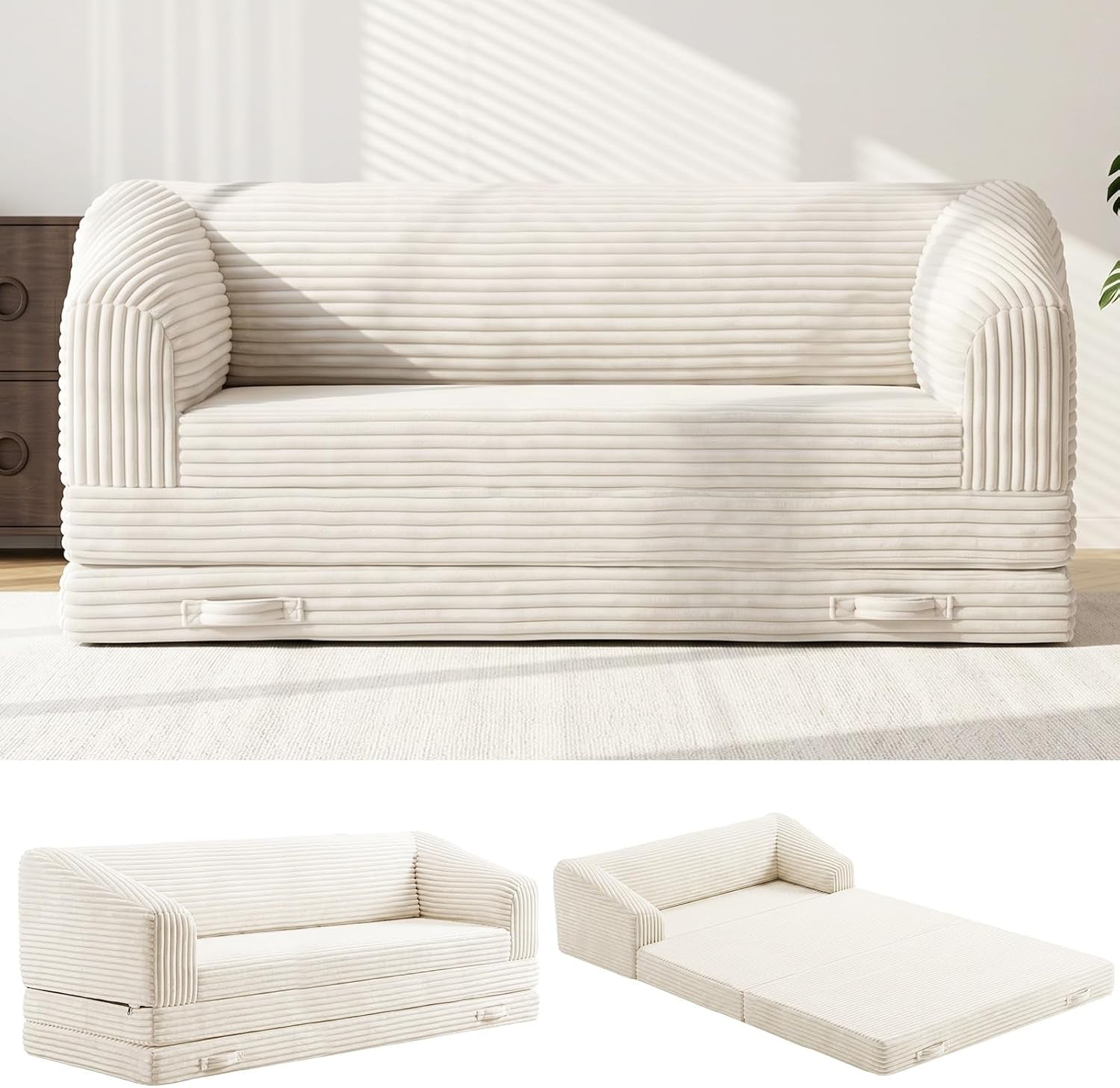 Front view of an ivory ribbed corduroy foldable loveseat with handles and two small configuration thumbnails below.