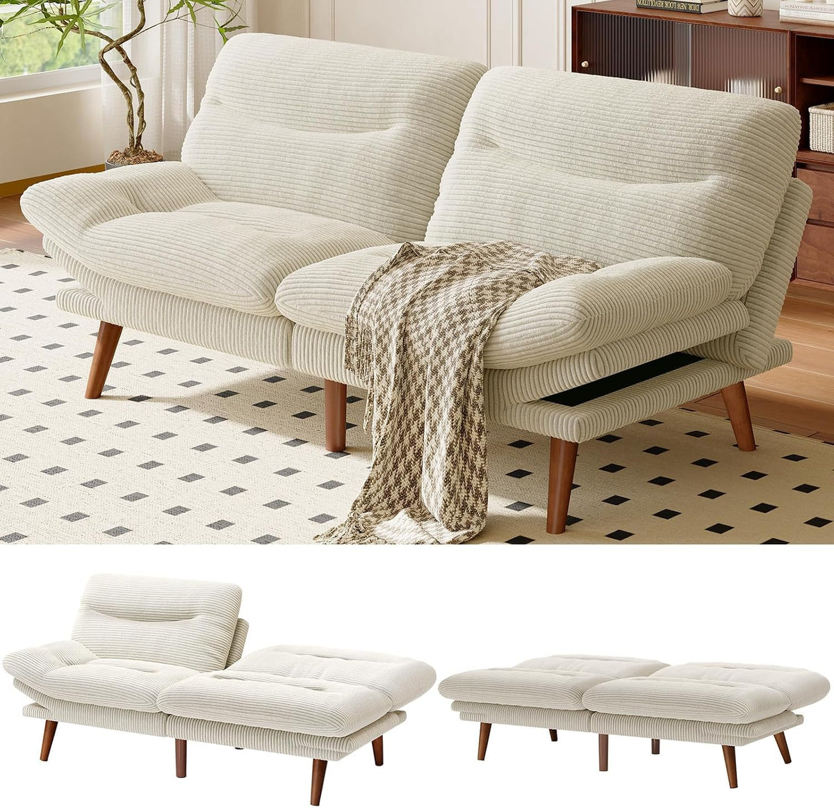 Two views of the cream futon: one partly reclined and one fully flat to show convertible positions