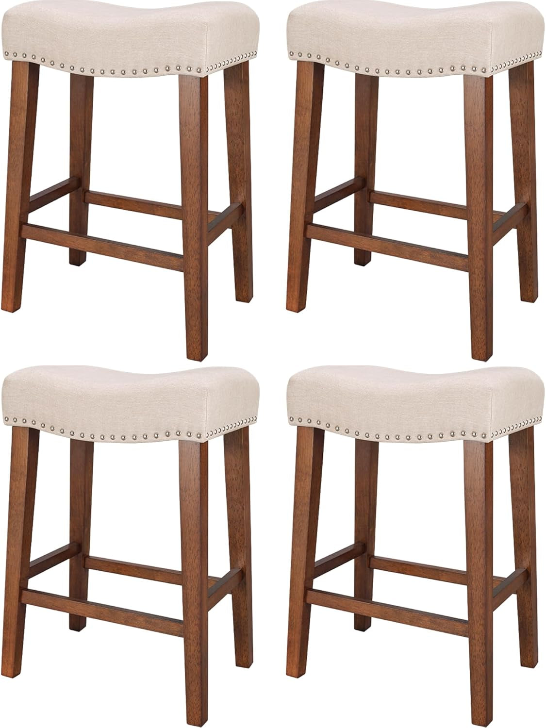 Four backless counter stools with light beige upholstered seats, nailhead trim and medium wood legs in a grid.