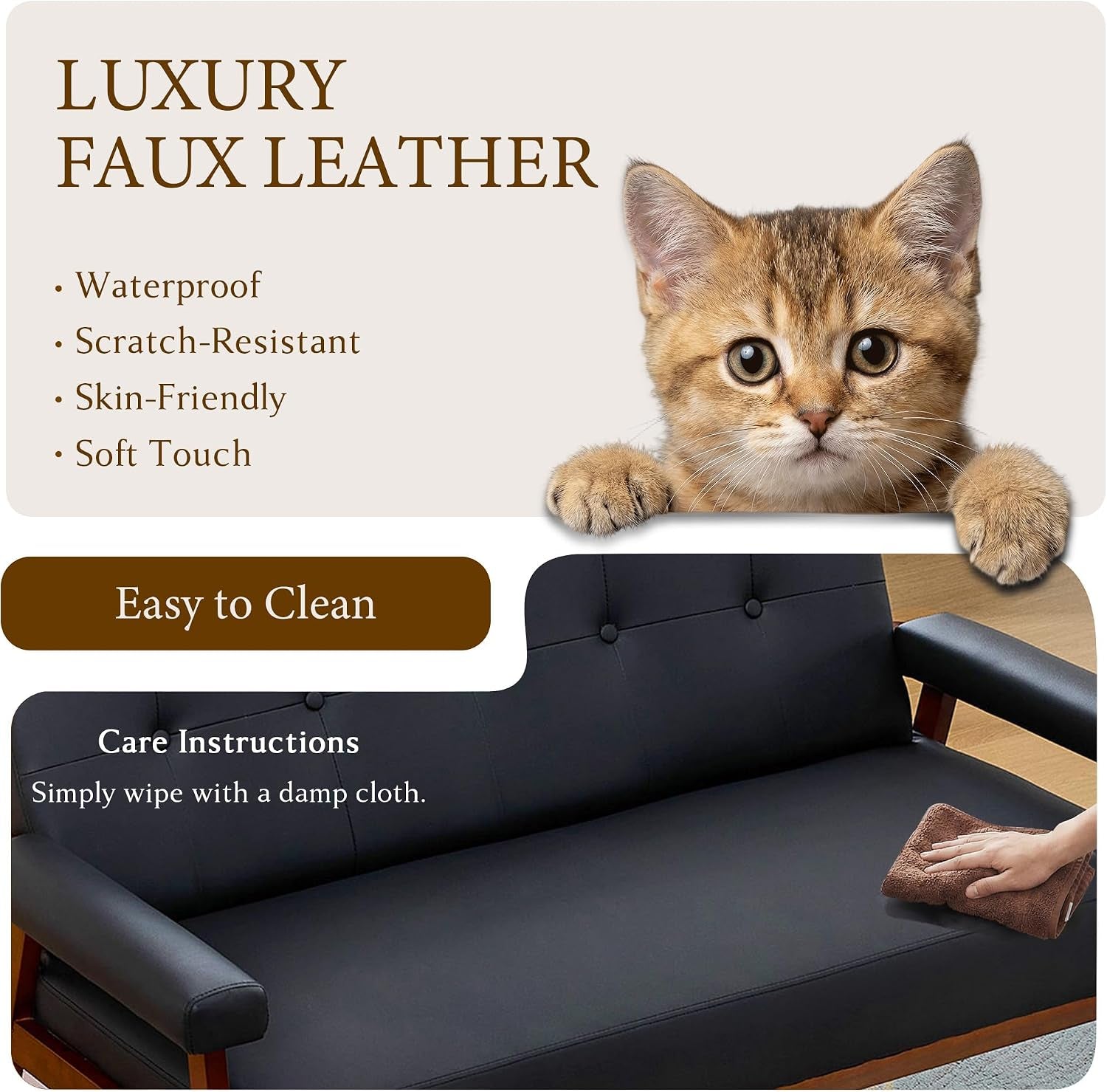 Top view of black loveseat seat being wiped with a cloth next to a kitten graphic promoting easy-clean faux leather.