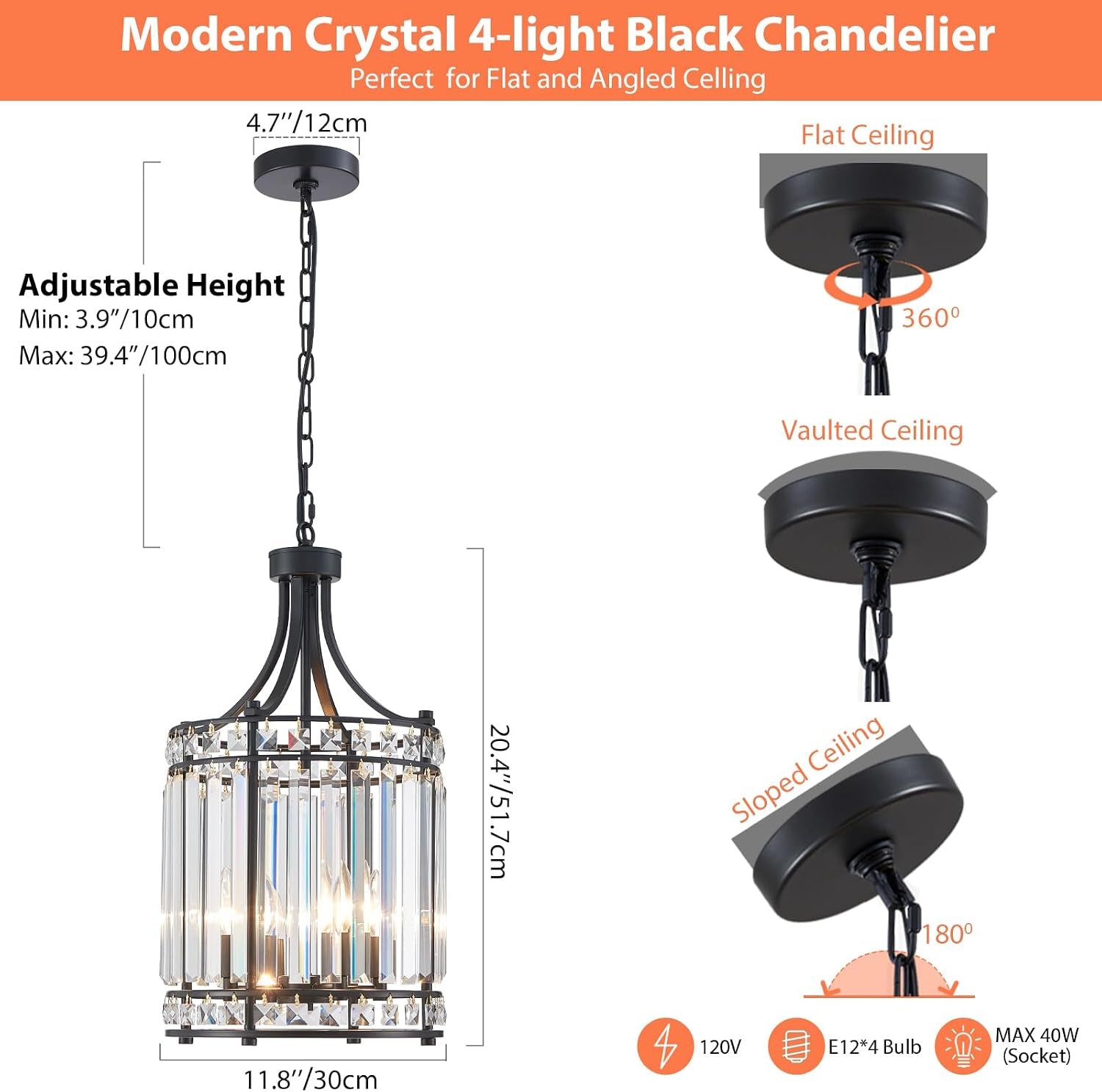 Illustration showing chandelier dimensions, adjustable chain and compatibility with flat, vaulted, and sloped ceilings