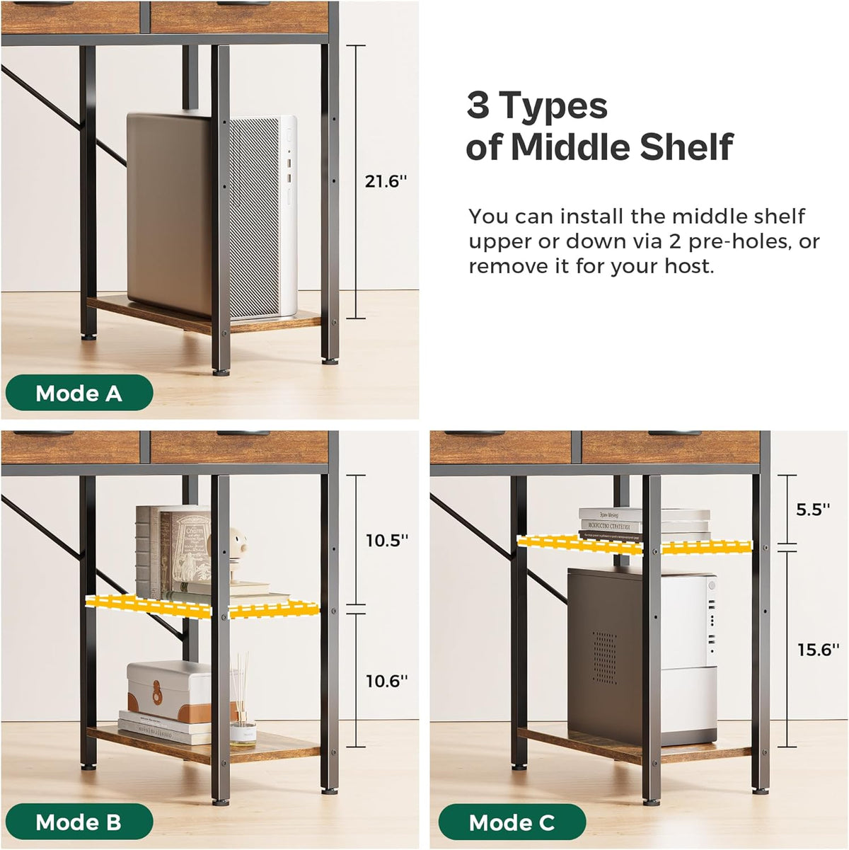 Three-panel illustration showing three middle-shelf positions and side-shelf clearance measurements