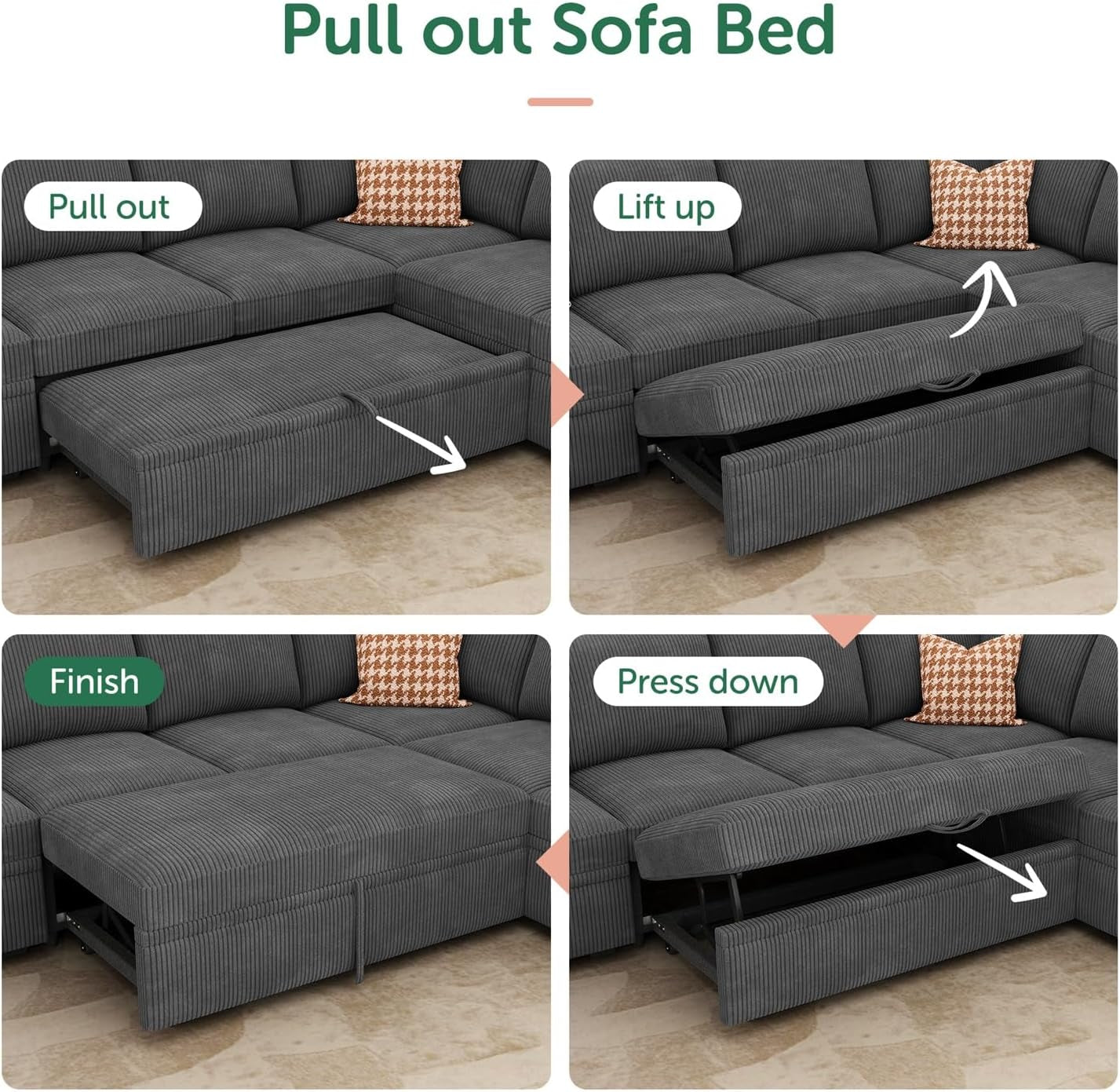 Modular Sectional Sleeper Sofa with Pull Out Bed, Corduroy L Shaped Couch with Storage Seats, Convertible Sectional Couches for Living Room, Dark Grey
