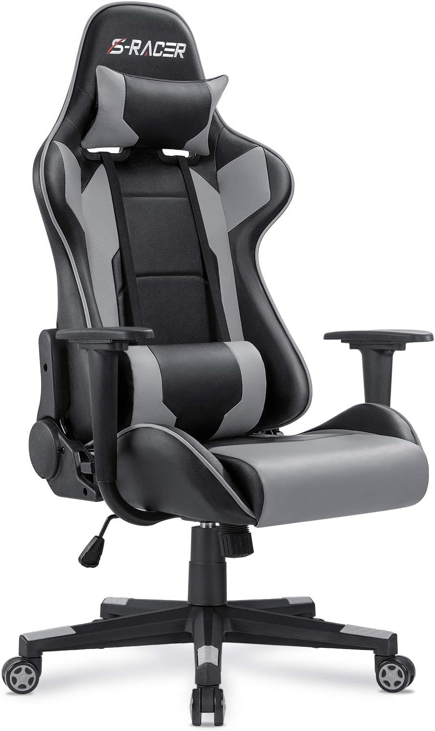 High-back black and gray racing-style gaming chair with headrest pillow, lumbar cushion and five-star wheeled base.