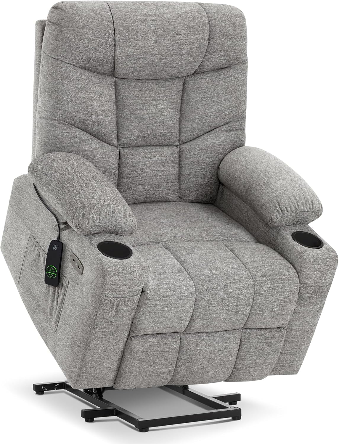 Light gray fabric recliner viewed slightly from above, showing cup holders and padded armrests in neutral lighting.