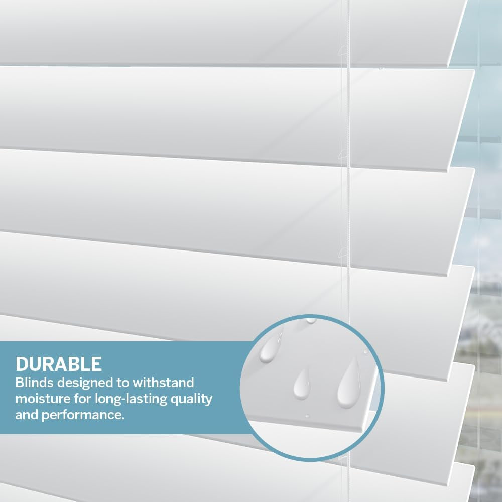 Close-up of white faux wood slats with water droplets highlighting moisture-resistant surface and slat detail.