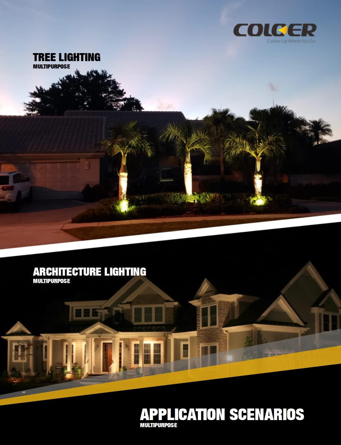 Dusk landscape scenes showing warm uplighting on palm trees and on a home's exterior using spotlights.